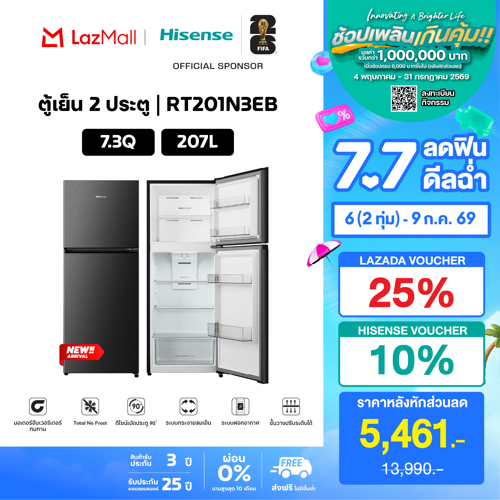 [New 2026] Hisense 2-Door Refrigerator Inverter Pro 7.3 Cubic Feet / 207 Liters Inverter (Color Starry Black) Model RT201N3EB ราคา 8,090 บาท*ส่งฟรี