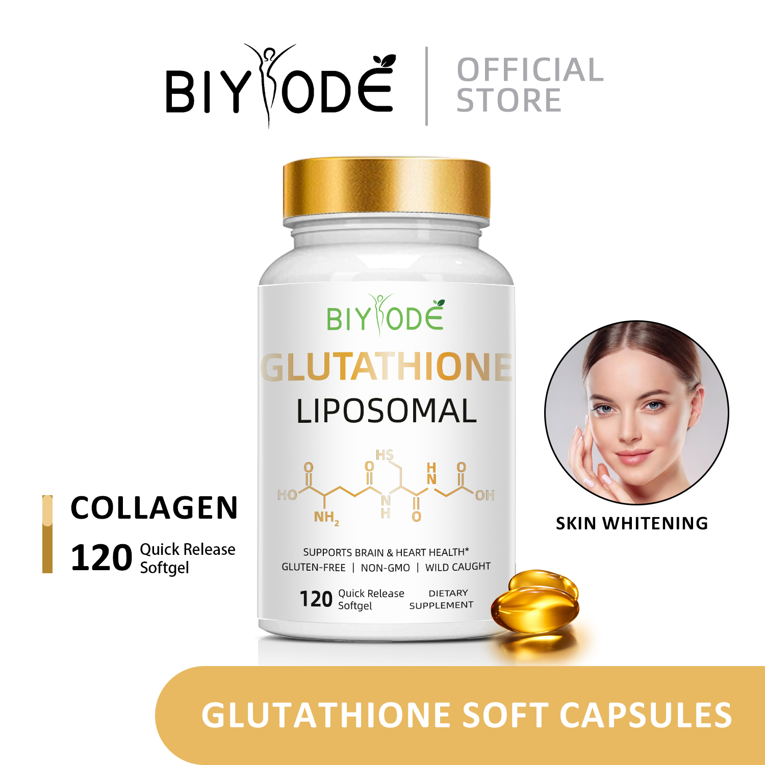 BIYODE GLUTATHIONE Softgel Collagen Food Supplements 1500mg คอลลาเจน ทำให้ผิวขาวขึ้น รักษาความชุ่มชื้น 120 Softgel ราคา 299 บาท*ส่งฟรี