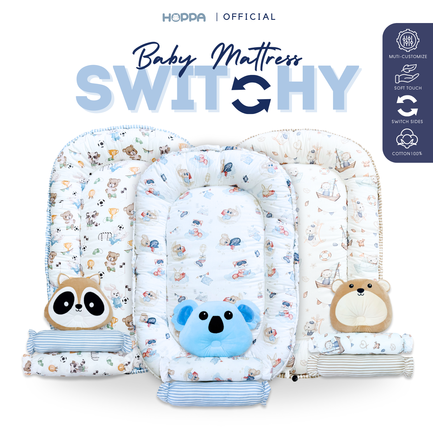 Hoppa Egg-Shaped Mattress, Can Be Rolled Up, 100% Cotton Fabric, Can Be Used on Both Sides, Fancy Support Pillow + 2 Side Pillows, Children's Mattress, Children's Sleeping Pad, Children's Mattress ราคา 590 บาท*ส่งฟรี