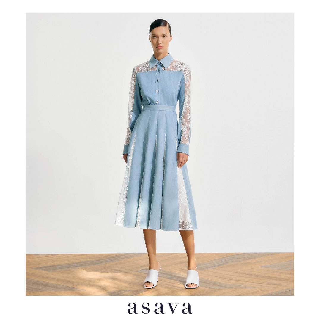 [asava ss25] Hayden Denim Lace Skirt กระโปรงผู้หญิง ทรงเอ ซิปหลัง ผ้าเดนิมตัดต่อลูกไม้ - ยี่ห้อ asava ราคา 9,800 บาท*ส่งฟรี