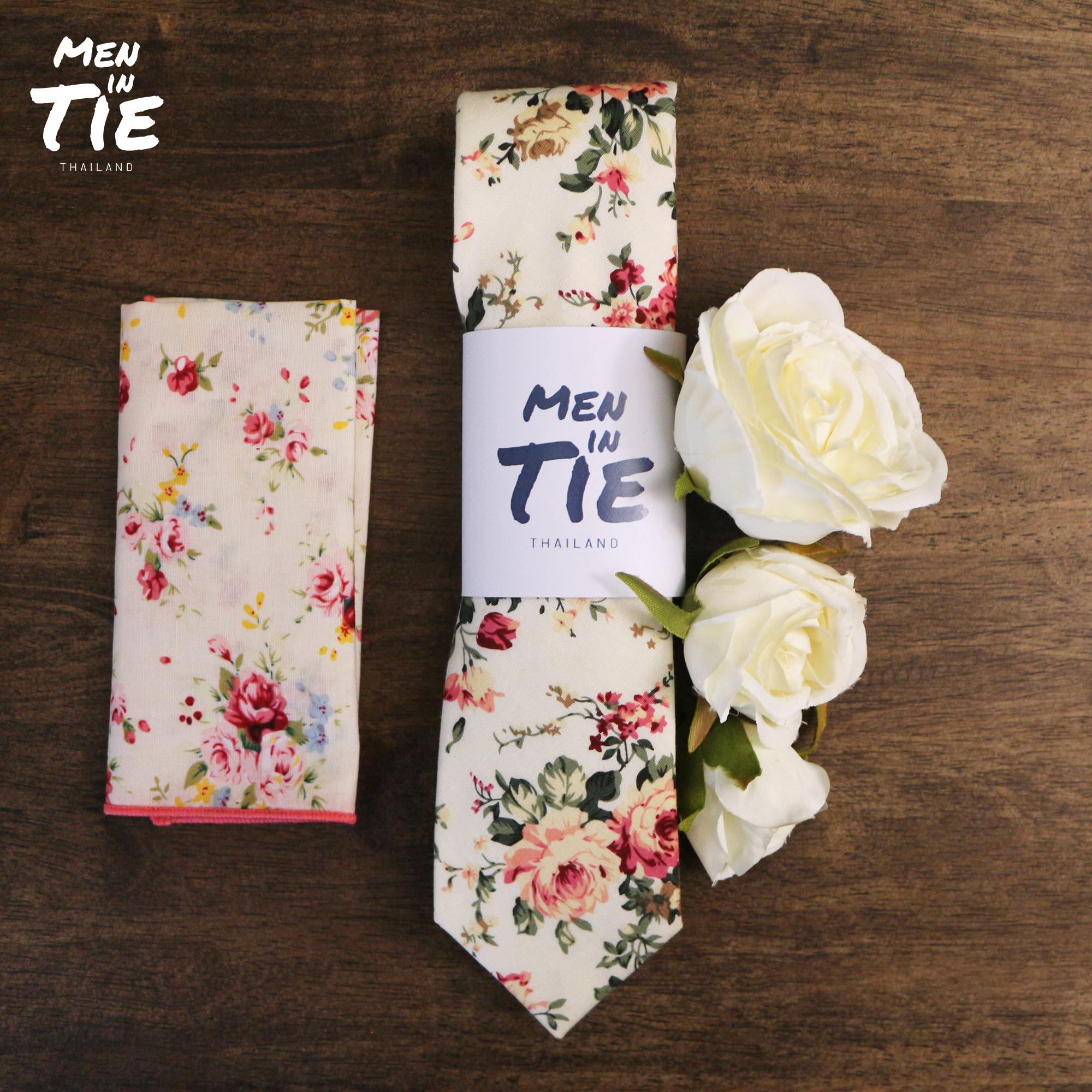 เซ็ทเนคไทคู่ ผ้าเช็ดหน้า ลาเพลพิน ลายดอกไม้ Floral tie with Pocket square and Lapel pin