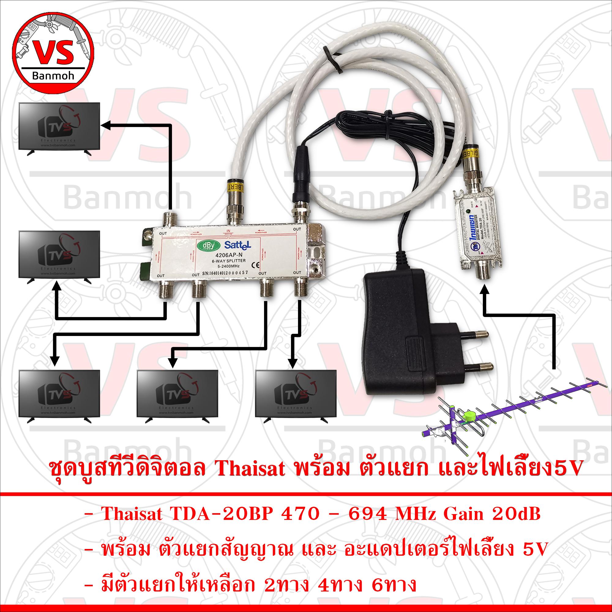 อุปกรณ์ขยายสัญญาณทีวีดิจิตอล Thaisat TDA-20BP 20dB พร้อม ตัวแยก และ ไฟเลี้ยง5V ราคา 440 บาท*ส่งฟรี