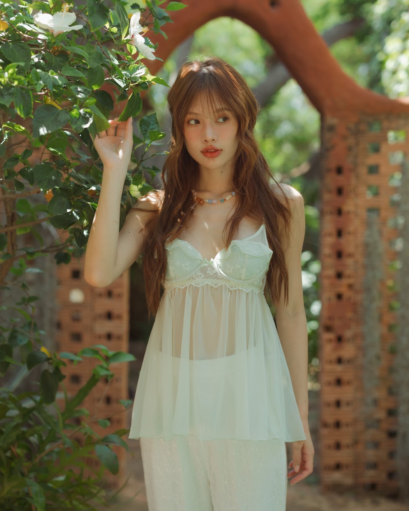 Everyday.We.Vacay - Sofia See through Top - Single Strap, Sheer Fabric, Embroidered Pattern [Ready to Ship] Free Padded Padding Included. ราคา 1,290 บาท*ส่งฟรี