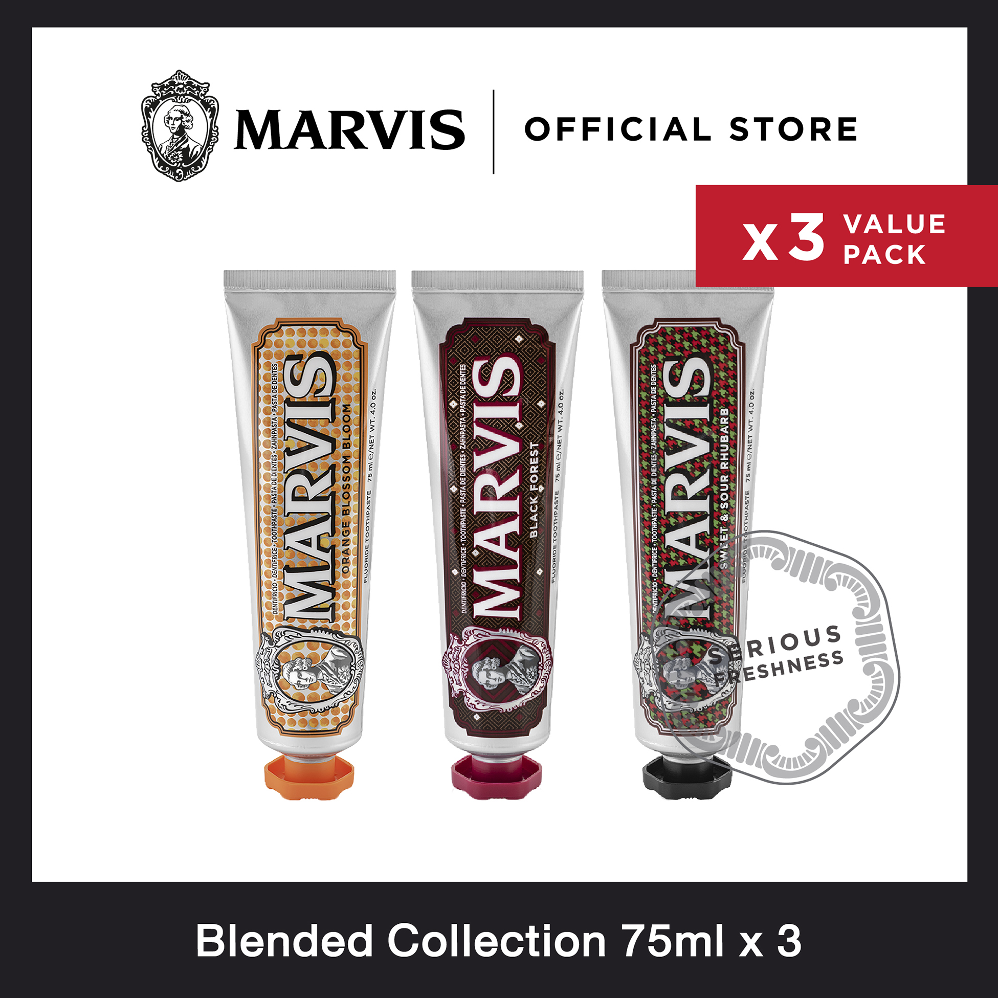 [ Marvis Blended Collection Pack 3 pcs ] Black Forest 75ML + Orange Blossom Bloom 75ML + Sweet&Sour Rhubarb 75ML ราคา 1,305 บาท*ส่งฟรี