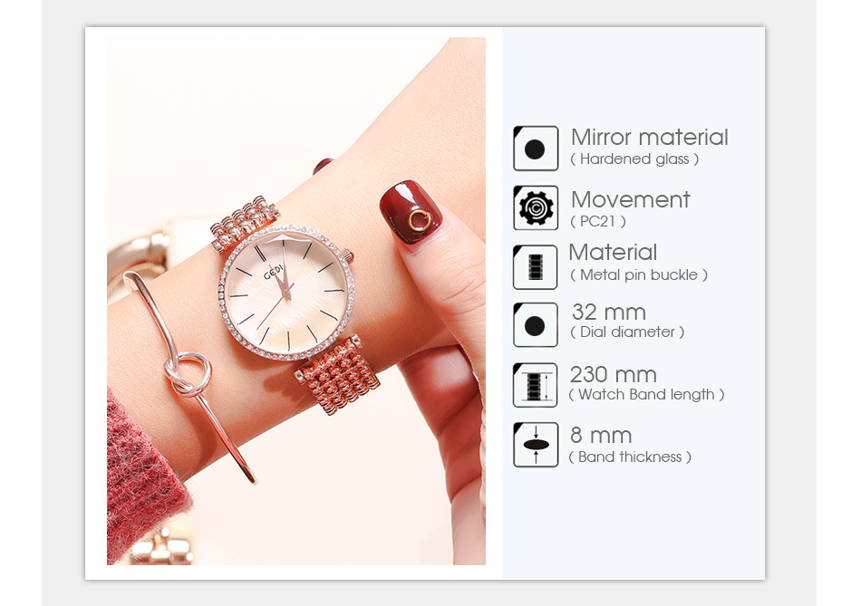 ภาพอธิบายเพิ่มเติมของ GEDI 3008 นาฬิกาหรูหรา นาฬิกาเพชร ผู้หญิงดู ดูสง่างาม (มีการชำระเงินเก็บเงินปลายทาง)แท้100% นาฬิกาแฟชั่น