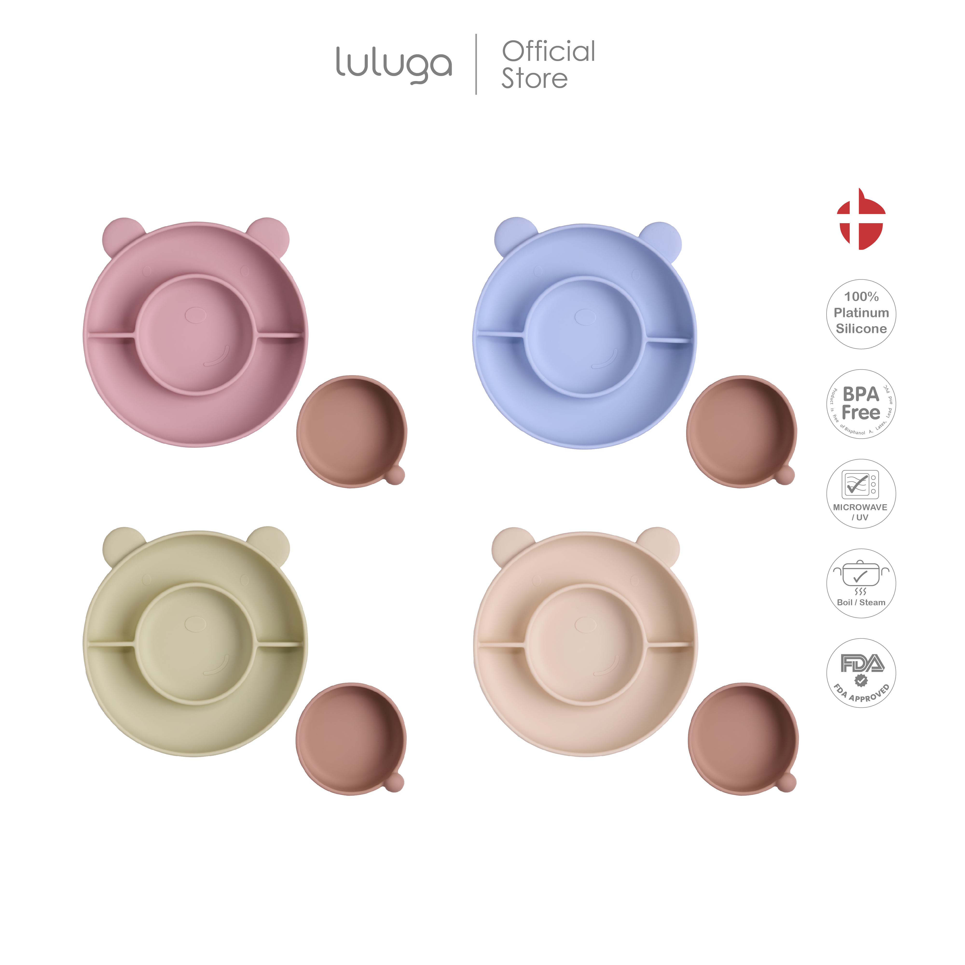 Luluga Children's Silicone Plate, Bear, Suction Plate for Attaching to the Table, Divided into 3 Compartments, with Separate Cups, Platinum Silicone, for Children 6 Months +, Practice Eating Blw. ราคา 449 บาท*ส่งฟรี