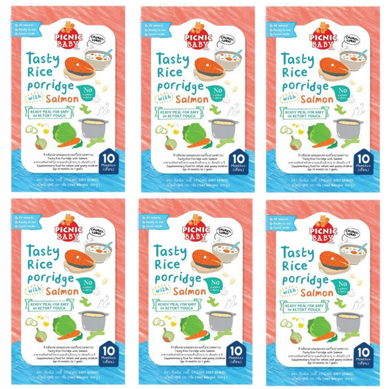 ของใช้แม่และเด็ก ซื้อ 6 แถม 1!! Picnic Baby Food ข้าวต้มปลาแซลมอนทรงเครื่อง (บดหยาบ) x 6 กล่อง