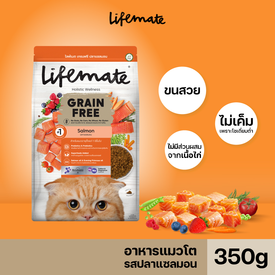 Lifemate Grain Free อาหารแมวโต สูตรปลาแซลมอน ขนาด 350 กรัม ราคา 92 บาท*ส่งฟรี