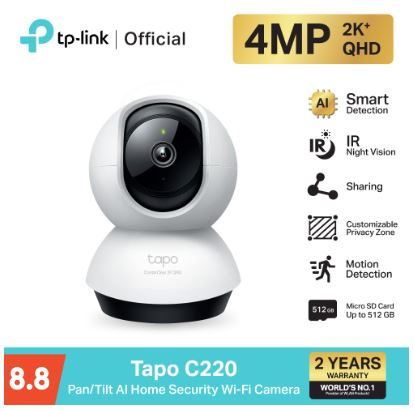 กล้องถ่ายรูป กล้องดิจิตอลมิลเลอร์เลส Tp -Link ใหม่ Tapo C220 กล้องไวไฟ 4MP 2K+QHD คมชัดพิเศษ Pan/Tilt AI Home Security Wi-Fi Camera มี SmartAI แยกได้ทั้งคน สัตว์ ราคา 1,069 บาท*ส่งฟรี