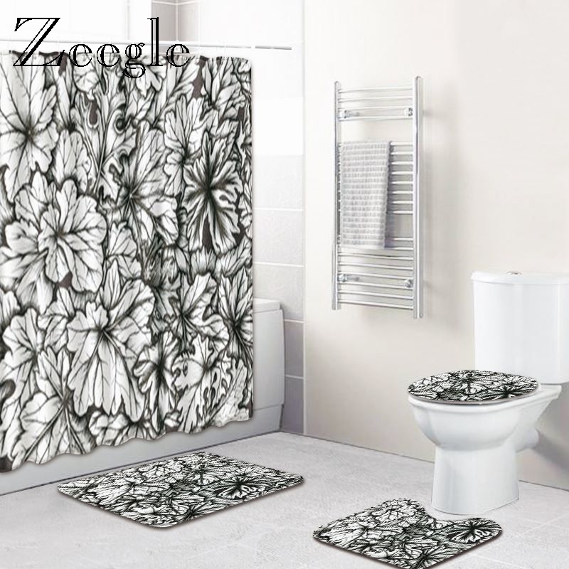 Zeegle Creative Bath Mat Set with Shower Curtain Toilet U Type Mat Pedestal Rug Lid Toilet Cover Non-slip Foot Mat Floor Rug