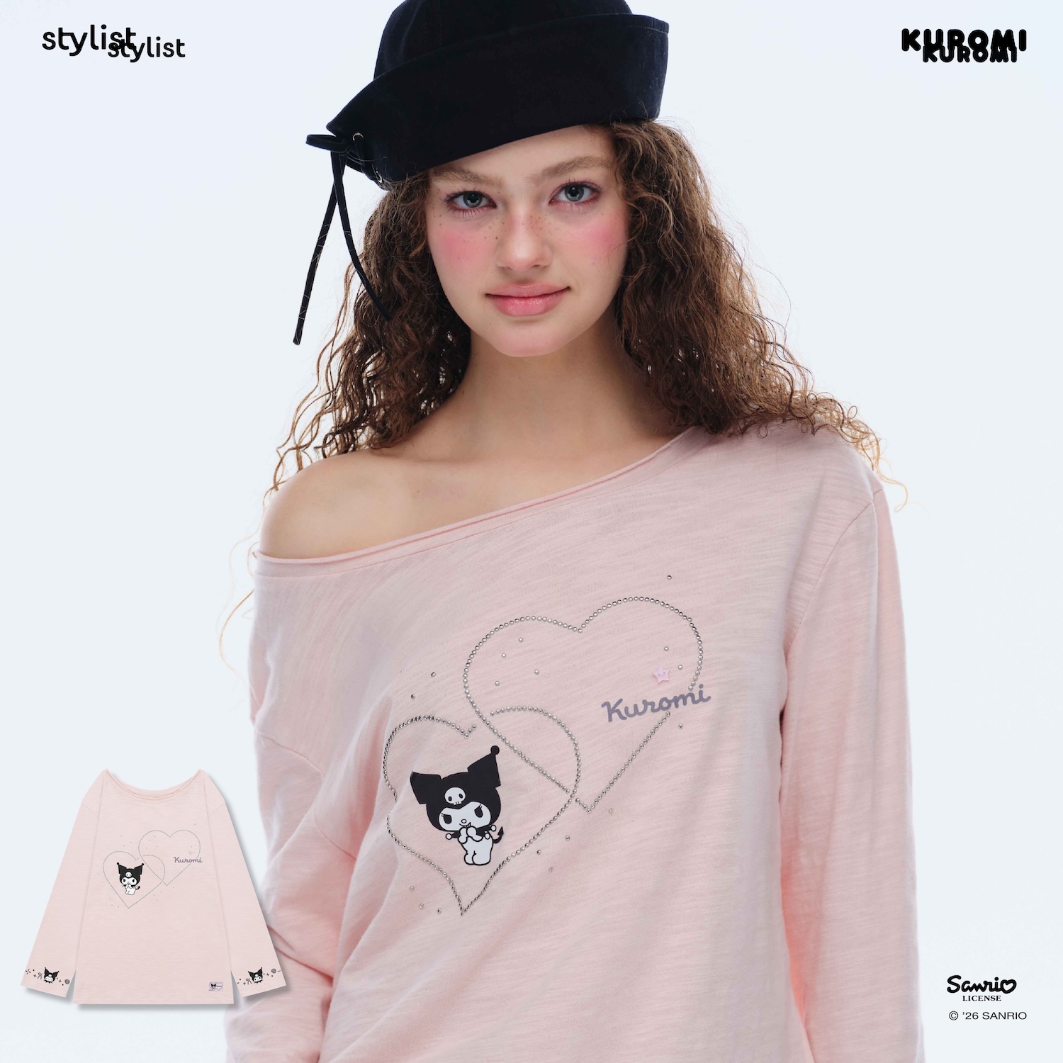 Stylist | Kuromi Edition - Amour Twin Heart Twin Heart Pink, Long-Sleeved, Stretchy, Off-The-Shoulder Shirt, Kuromi. ราคา 790 บาท*ส่งฟรี