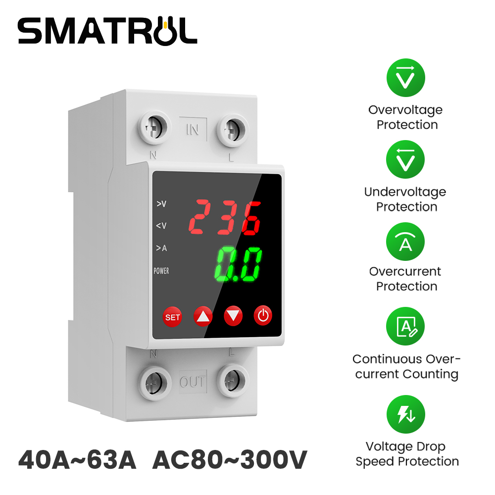 Smatrul 40/63A 80-300V Adjustable Digital over and under Voltage Protection Device with Surge Protection Relay for Home Use Automatically Restores Power Voltage with Display Screen ราคา 258 บาท*ส่งฟรี