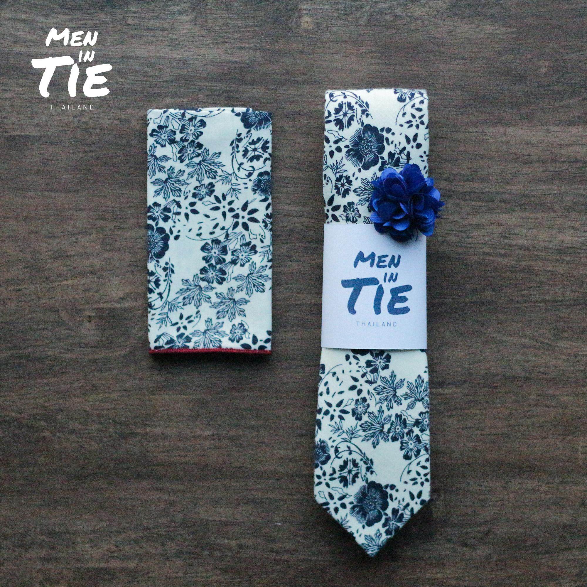 เซ็ทเนคไทคู่ ผ้าเช็ดหน้า ลาเพลพิน ลายดอกไม้ Floral tie with Pocket square and Lapel pin