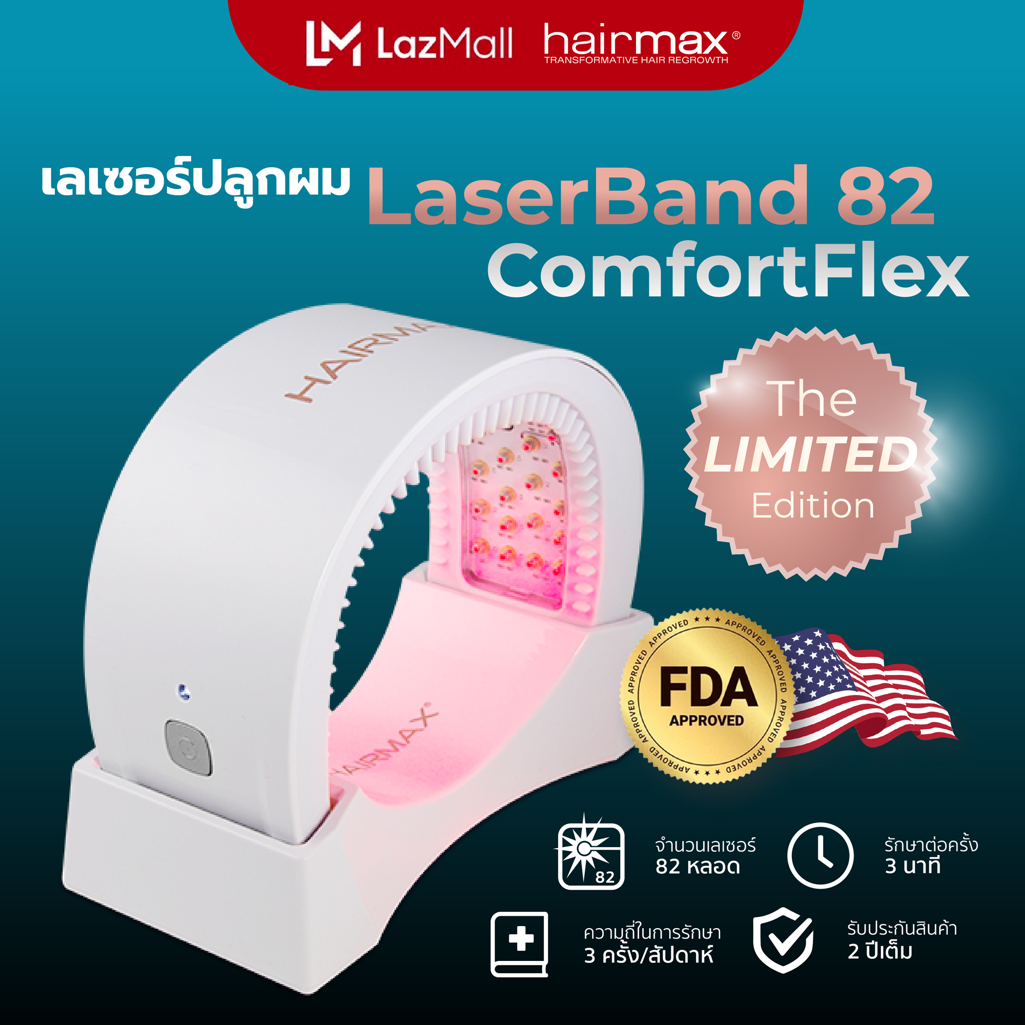 Limited Edition Hairmax Laserband 82 (Comfortflex) - Laser Headband with 82 Tubes, White - Rosegold, Medical Grade. ราคา 69,990 บาท*ส่งฟรี