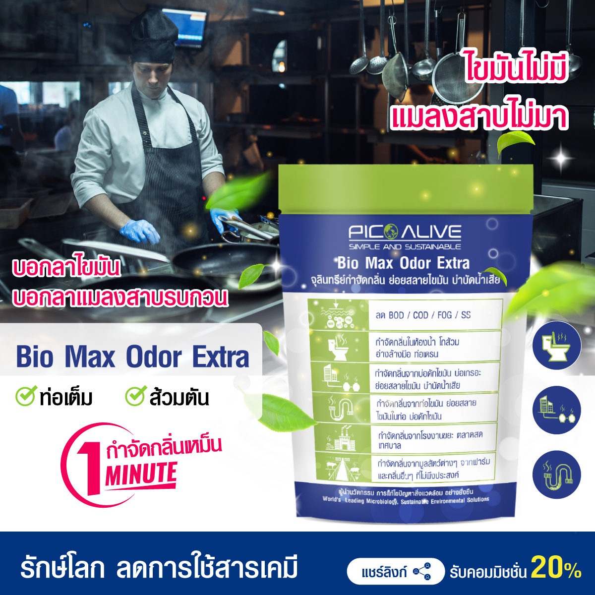 Bio Max odor extra 2 sachets fully drain tube no need to absorb toilet, decompose waste fat 5% min. ราคา 420 บาท*ส่งฟรี