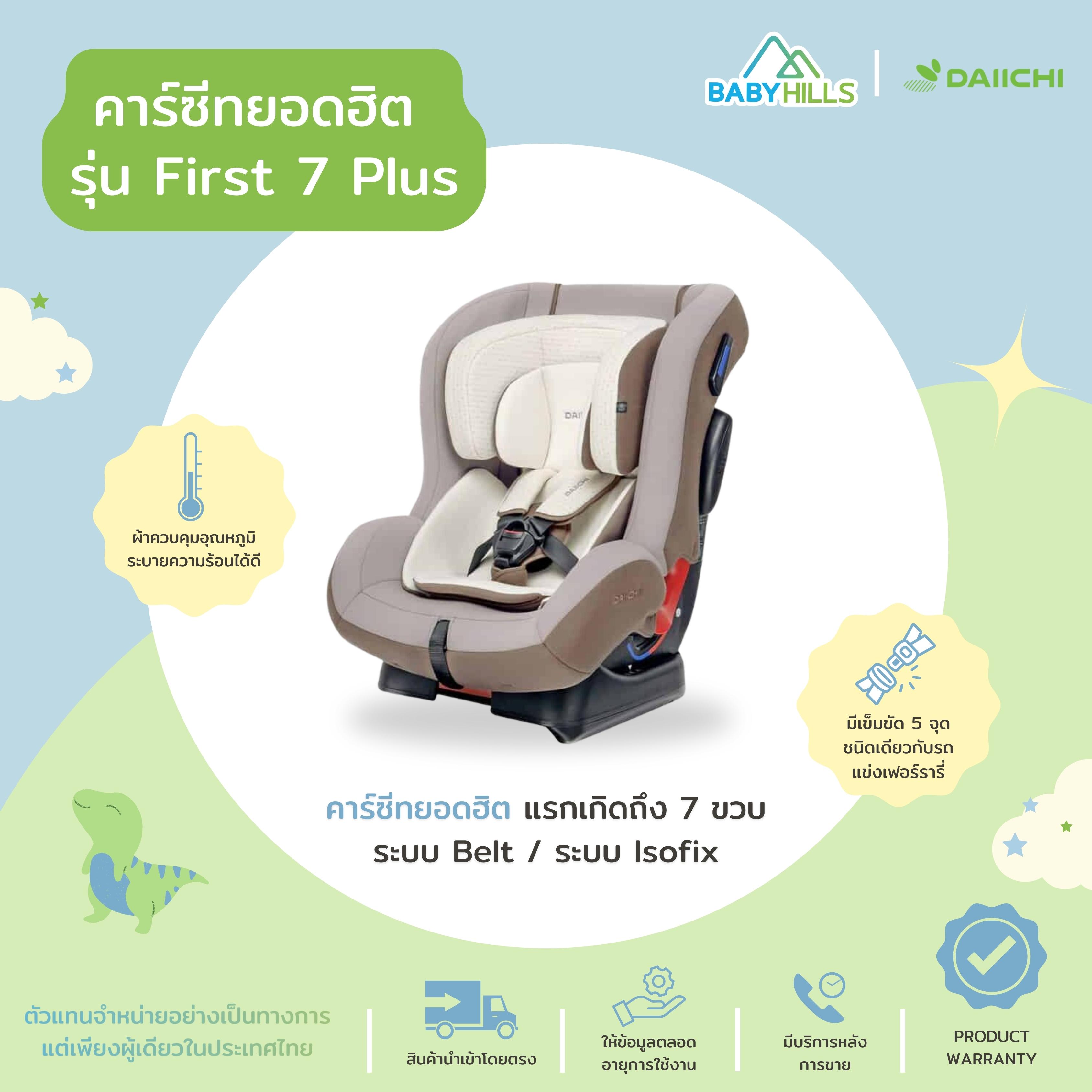 DAIICHI - First7 Plus Car Seat คาร์ซีทไดอิชิยอดฮิต เหมาะตั้งแต่เด็กแรกเกิด 0-7 ปี (ระบบIsofix) รับน้ำหนักได้ 25 kg มี 6 สี ผ้าcotton 100% ปรับพนักพิงได้ตามอายุ ราคา 35,900 บาท*ส่งฟรี