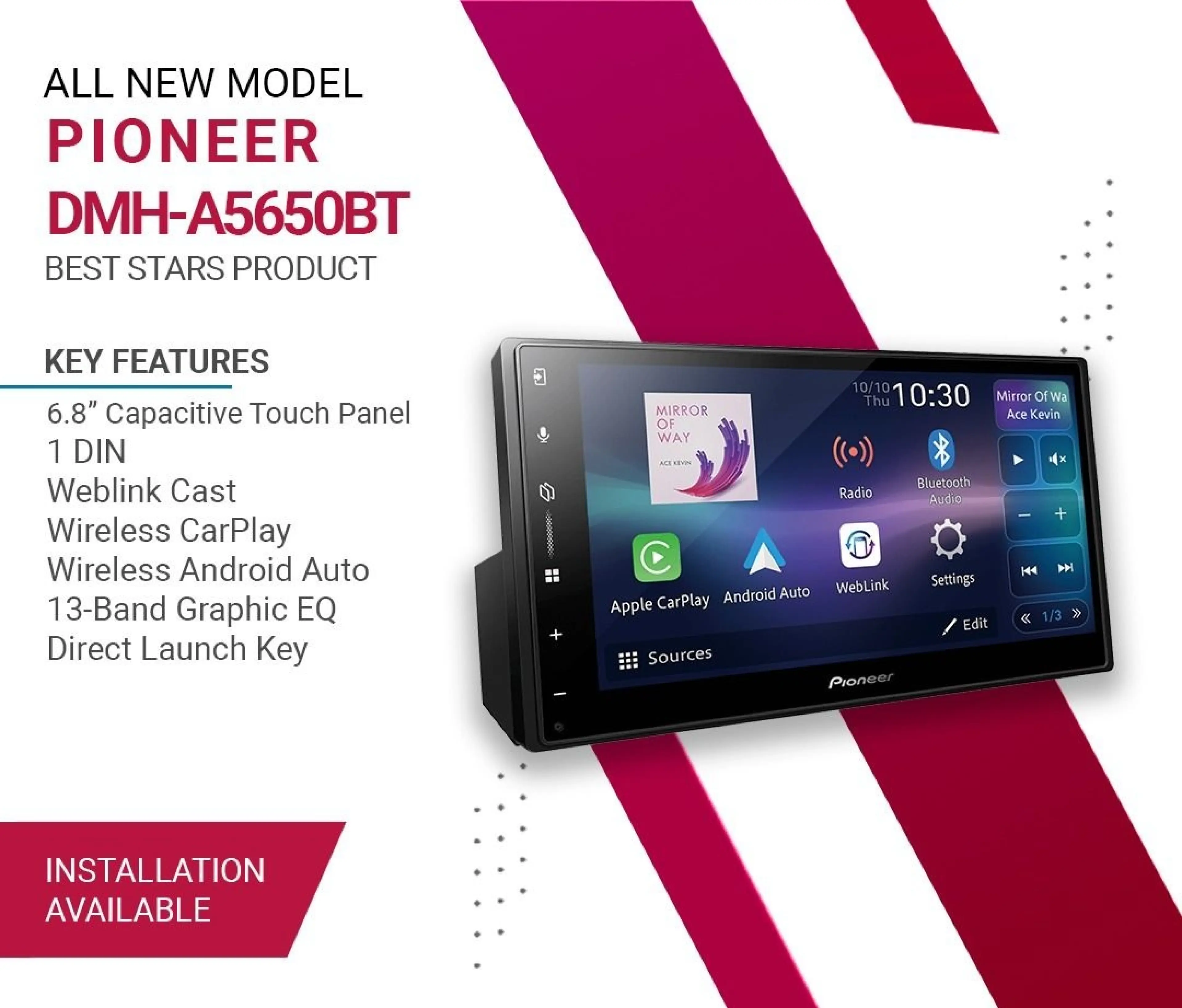 Pioneer Dmh-A5650Bt 6.8-Inch Screen, Touch Screen, Wireless Connection with Apple Carplay, Android Auto.
