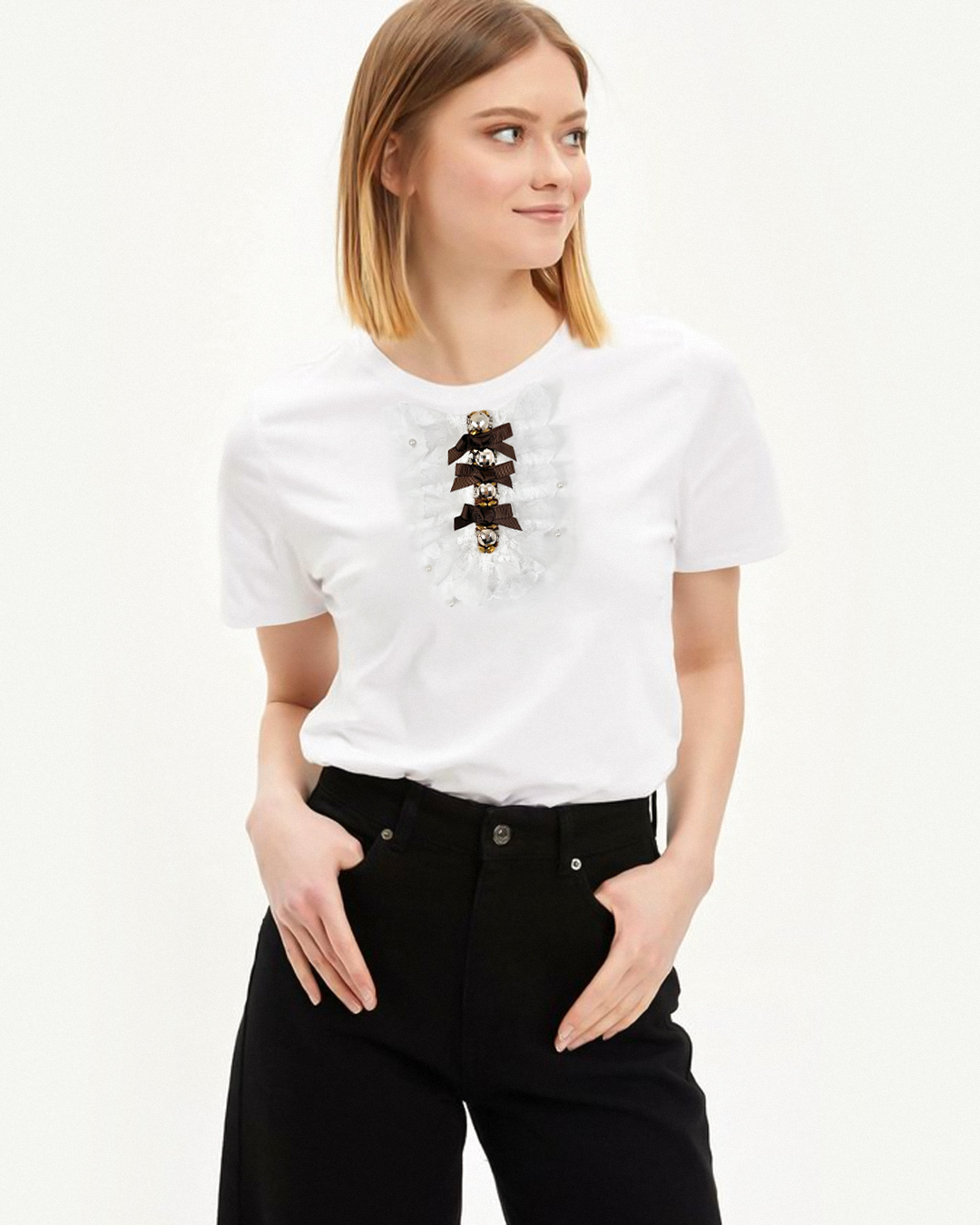 Iconic viconia T-SHIRT #200822 lace stitching T-shirt with crystal bow knot t shirt fashion women blouse work shirt Noble ราคา 1,609 บาท*ส่งฟรี