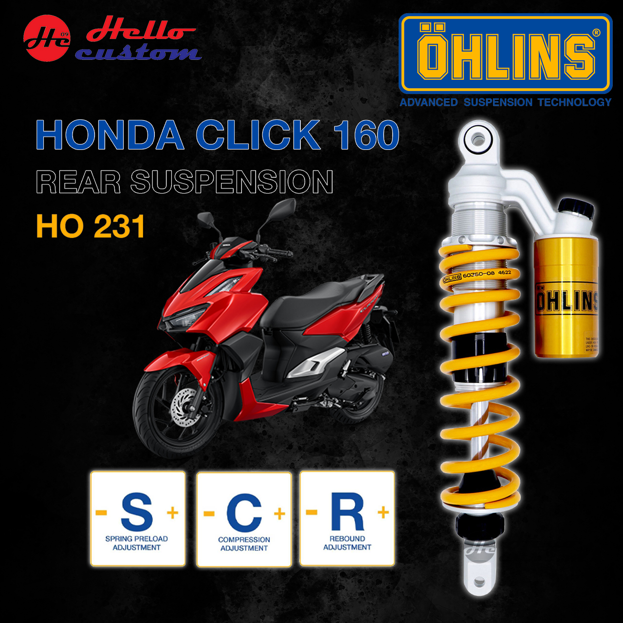 โช้คหลัง OHLINS HO231 HONDA Click160 โช้คแต่ง HO 231 Click 160 ราคา 14,000 บาท*ส่งฟรี
