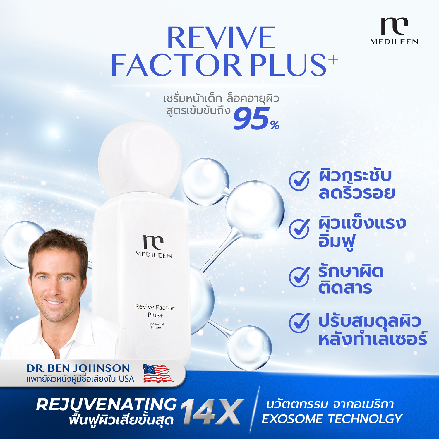 เซรั่ม ฟื้นฟูผิวเสีย Medileen Revive Factor Plus+ 30ML เมดิลีน ฟื้นฟู ป้องกัน เพื่อผิวสุขภาพดี ราคา 2,549 บาท*ส่งฟรี