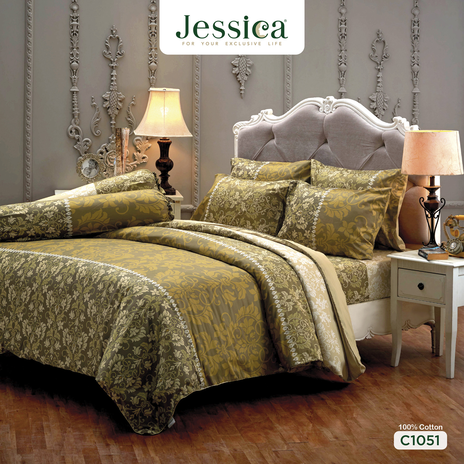 Jessica Cotton Silk Shine C1051 ชุดเครื่องนอน ผ้าปูที่นอน ผ้าห่มนวม เจสสิก้า พิมพ์ลายได้อย่างสวยงาม ราคา 2,100 บาท*ส่งฟรี