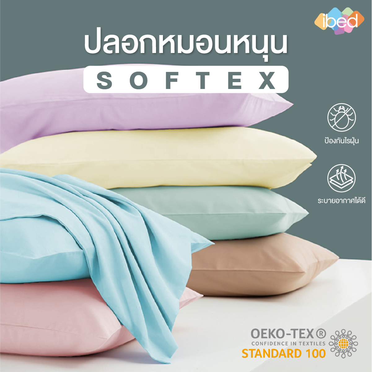 ibed ปลอกหมอนหนุน Softex ป้องกันไรฝุ่น ระบายอากาศดี สีไม่ตก มีให้เลือกมากกว่า 40 เฉดสี ราคา 150 บาท*ส่งฟรี