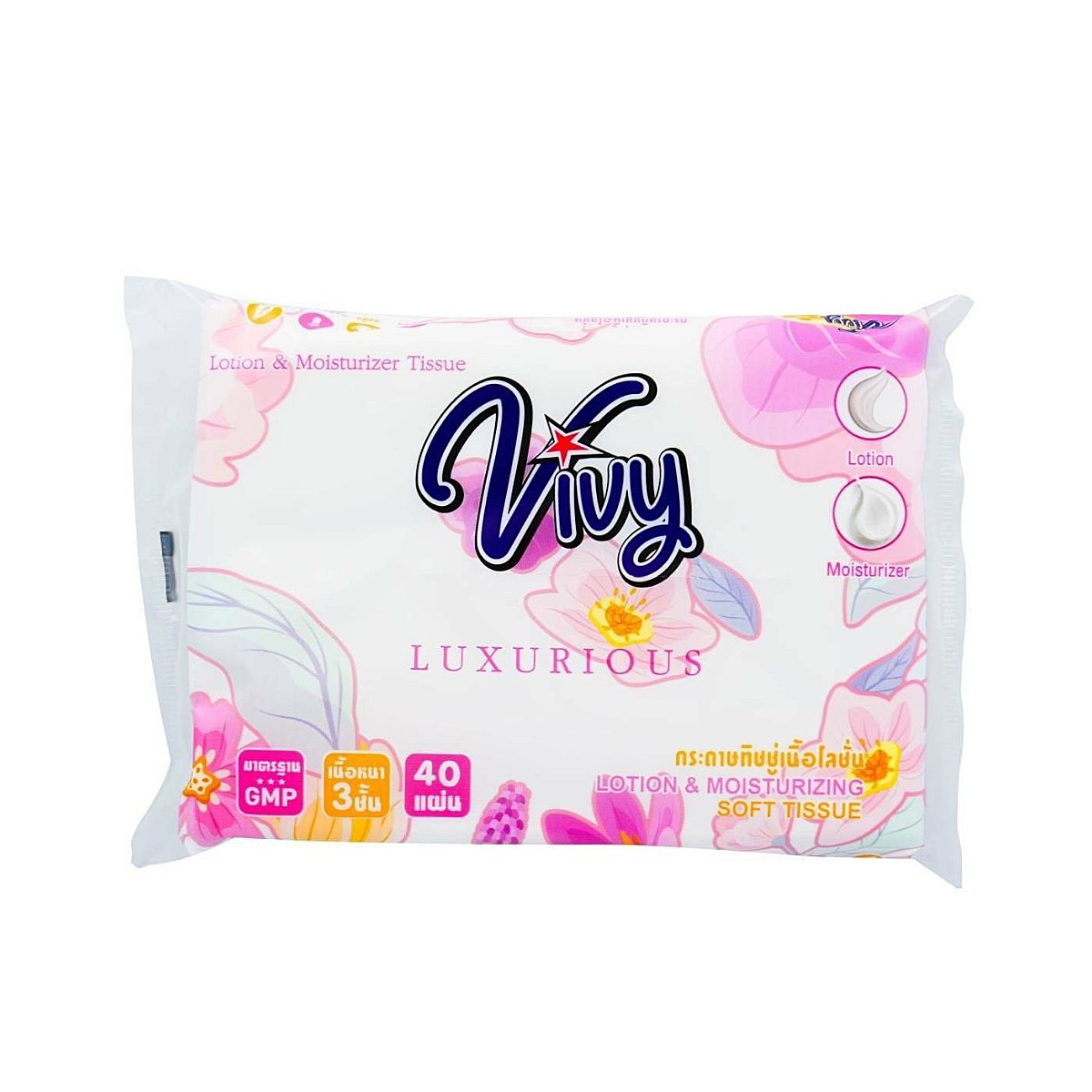 Vivy lotion & moisturizer tissue Hyaluronic Lotion facial tissue 40 sheets 3 ply with 2 types of pop-up tissue ราคา 8 บาท*ส่งฟรี