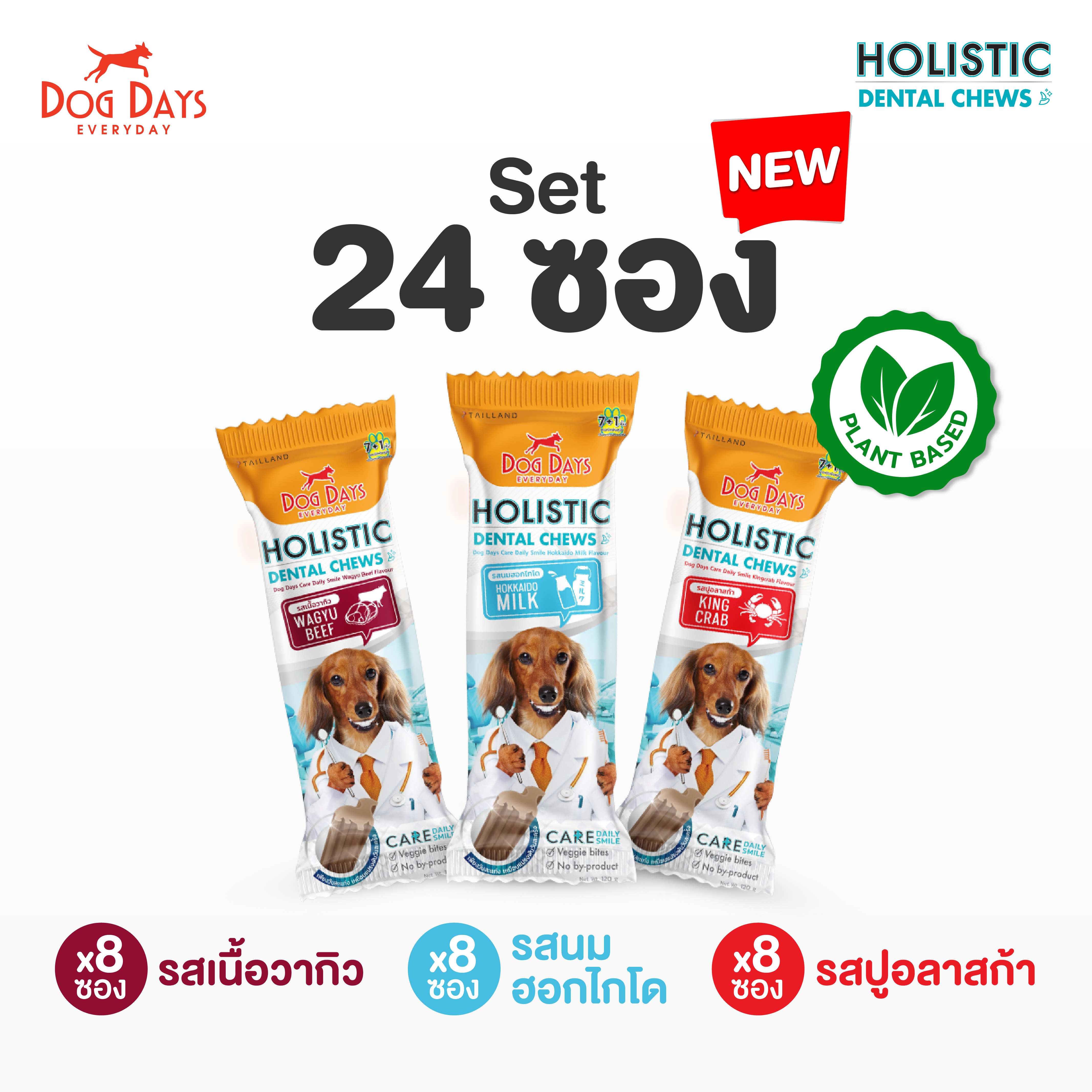 [แพ็ค 24 ซอง] Dog Days Dental Chews ขนมขัดฟัน คละสูตร (รสเนื้อวากิว , รสนมฮอกไกโด , รสปูอลาสก้า) ราคา 1,500 บาท*ส่งฟรี