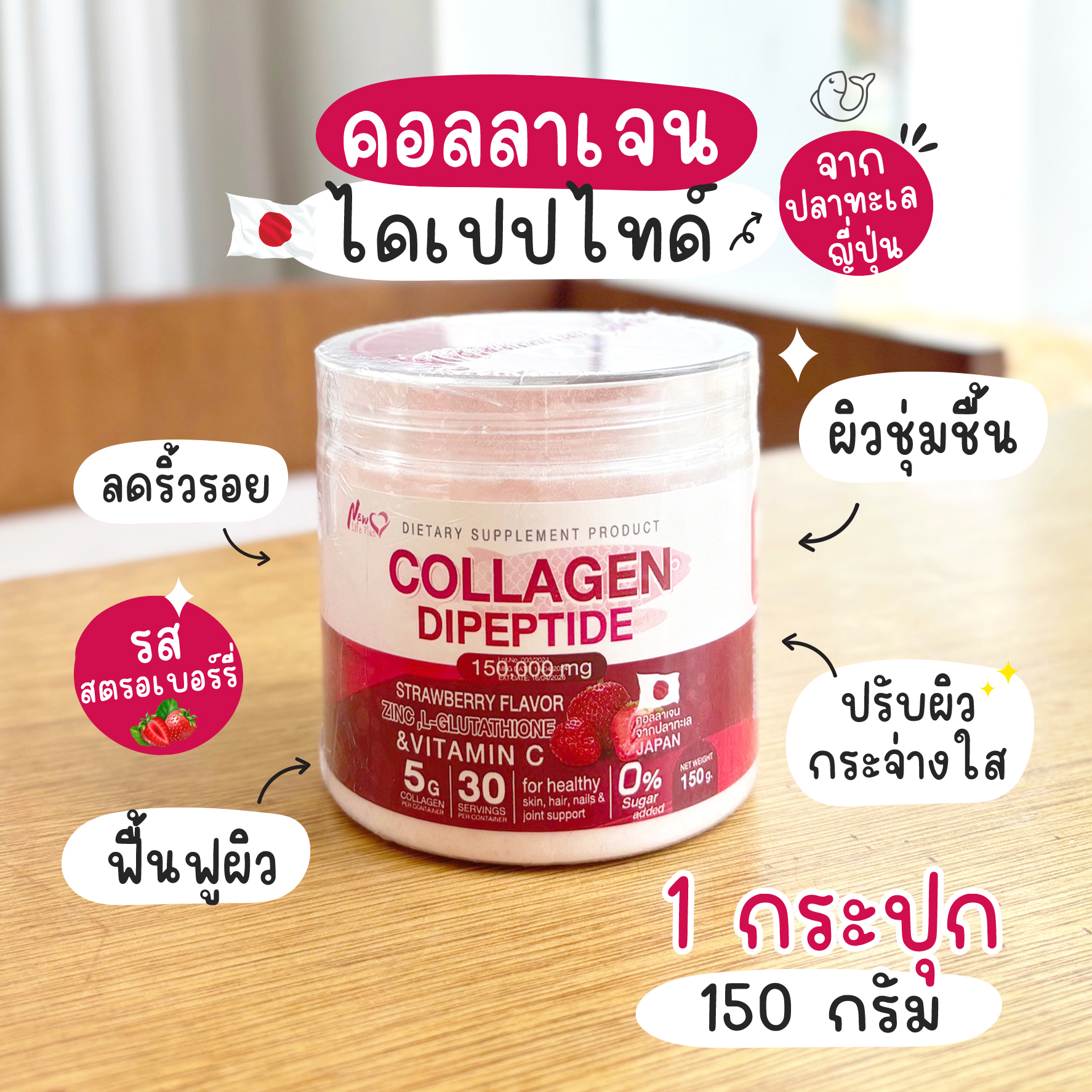 🔥ส่งฟรี ส่งไว🔥Collagen Dipeptide Plus ผิวอิ่มน้ำ ชุ่มชื่น | คอลลาเจนกลิ่นสตรอว์เบอร์รี่ 1 กระปุก ราคา 499 บาท*ส่งฟรี