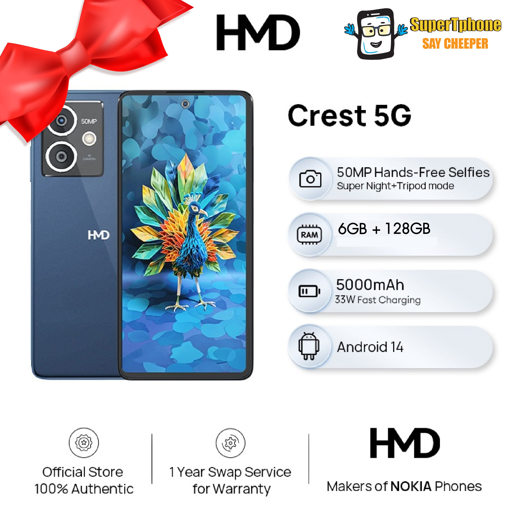 มือถือ HMD Crest Nokia 5G(ram6/rom128) จอ 6.67 " l แบต 5,000 mAh ชาร์จไว 33W(By Lazada SuperTphone) ราคา 4,566 บาท*ส่งฟรี