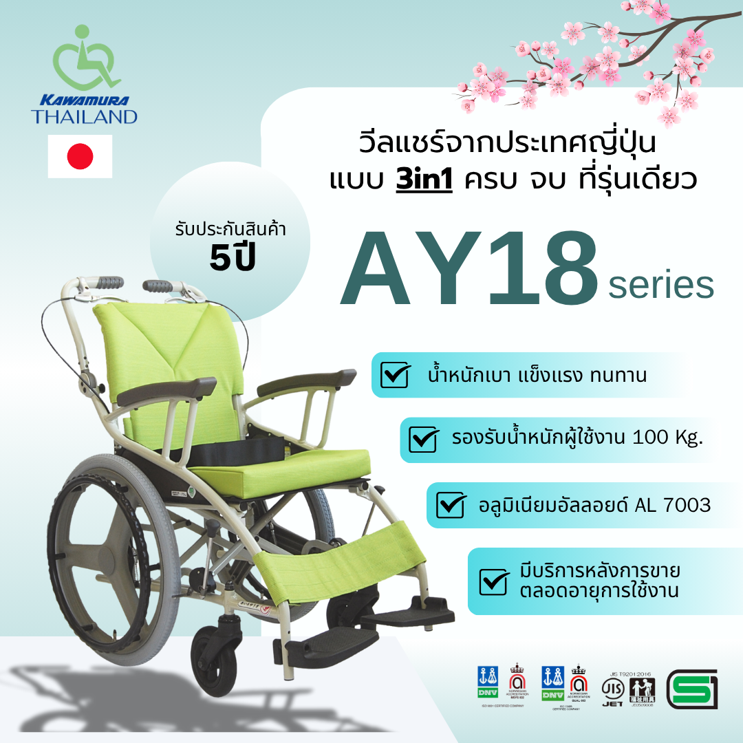 ผลิตภัณฑ์เพื่อสุขภาพ Kawamura รถเข็นวีลแชร์ รุ่น Ay18 Series รถเข็นวีลแชร์จากประเทศญี่ปุ่น มาพร้อม 3 ฟีเจอร์ที่ใช้งานง่าย ราคา 22,800 บาท*ส่งฟรี