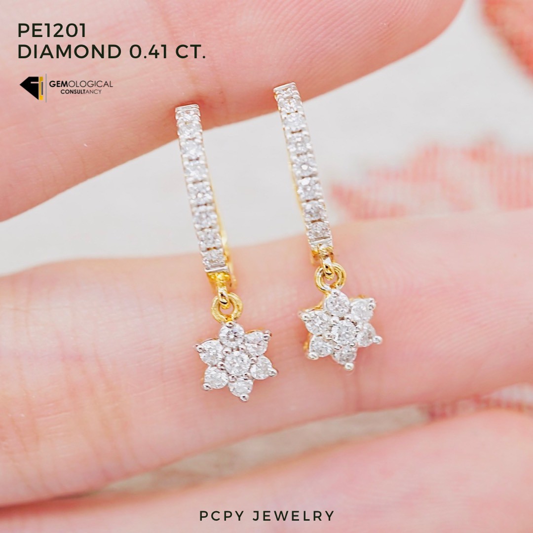 [Pcpy Jewelry] Genuine Diamond Hoop Earrings 💎 9K Genuine Gold (37.5% Gold) 100% Genuine Diamonds, Belgian Cut [9Kpe1201] ราคา 24,990 บาท*ส่งฟรี