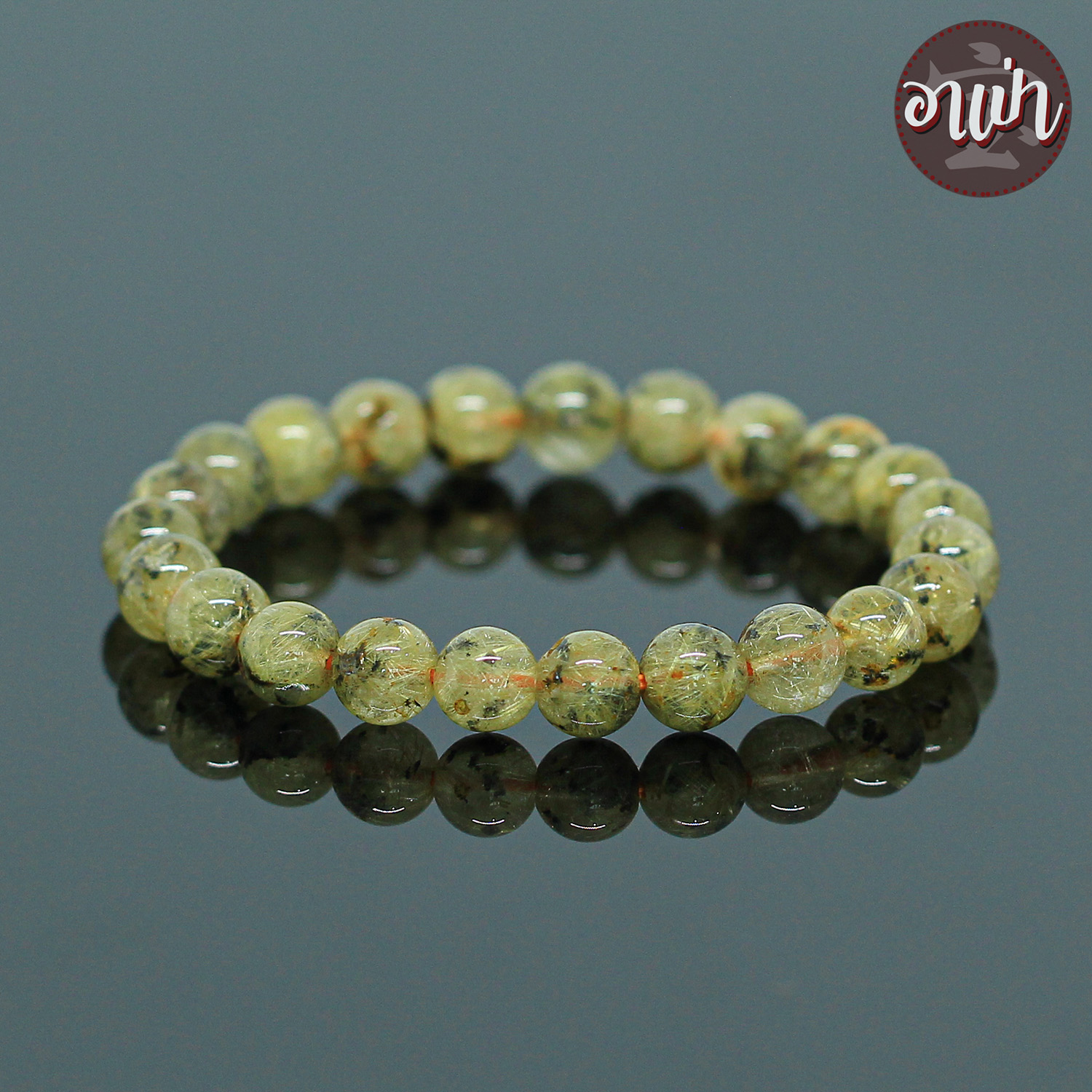 อาเป่า หินไหมทอง ติดแร่เฮมาไทต์ Gold Rutilated Quartz ขนาด 8 มิล คัดหิน หินมงคล เรียกเงิน เรียกทอง กำไลหินสี กำไลหินนำโชค หินสีทอง Hematite