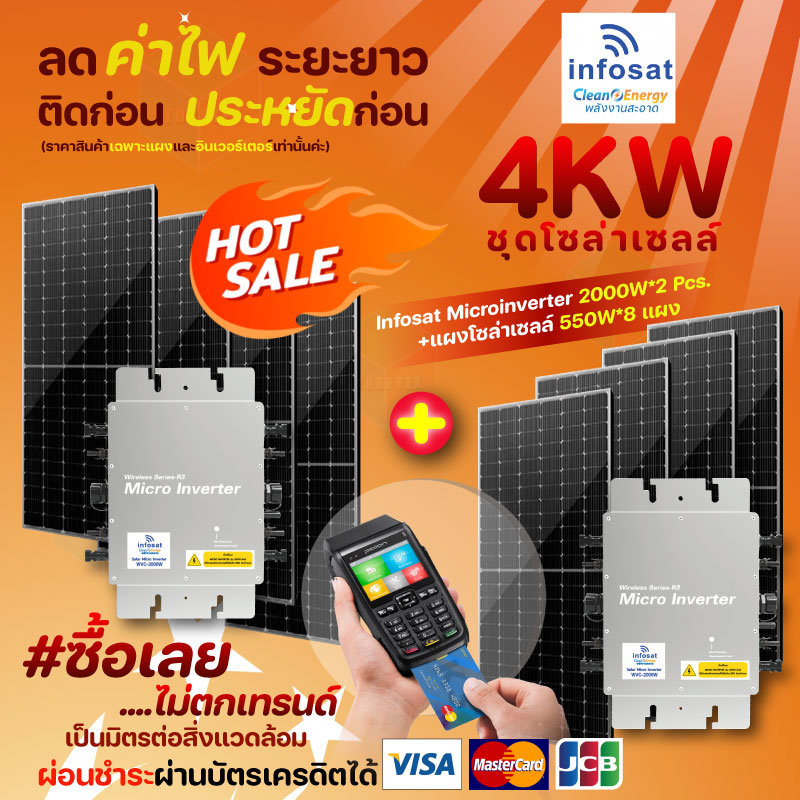 อุปกรณ์แต่งสวนและกลางแจ้ง infosat ชุด On-Grid ไมโครอินเวอร์เตอร์ 4Kw 2000W (2 ชุด) พร้อมโซลาร์เซลล์โมโนฮาล์ฟเซลล์ 550W 8 แผง ราคา 61,600 บาท*ส่งฟรี