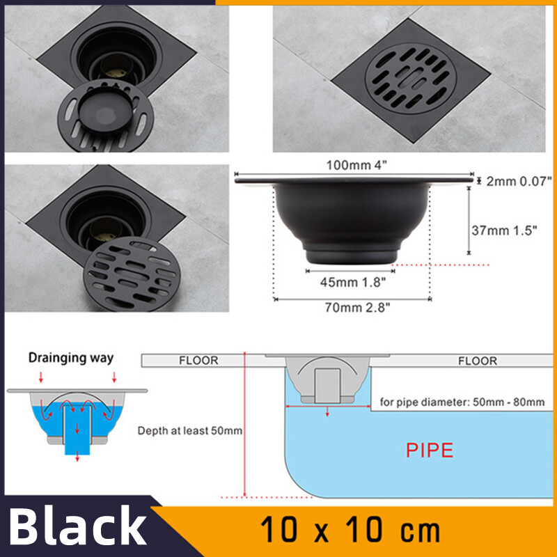 Black-Bathroom-Square-Shower-Drain-Stainless-Steel-Floor-Drainer-Trap-Waste-Grate-Round-Cover-Hair-Strainer