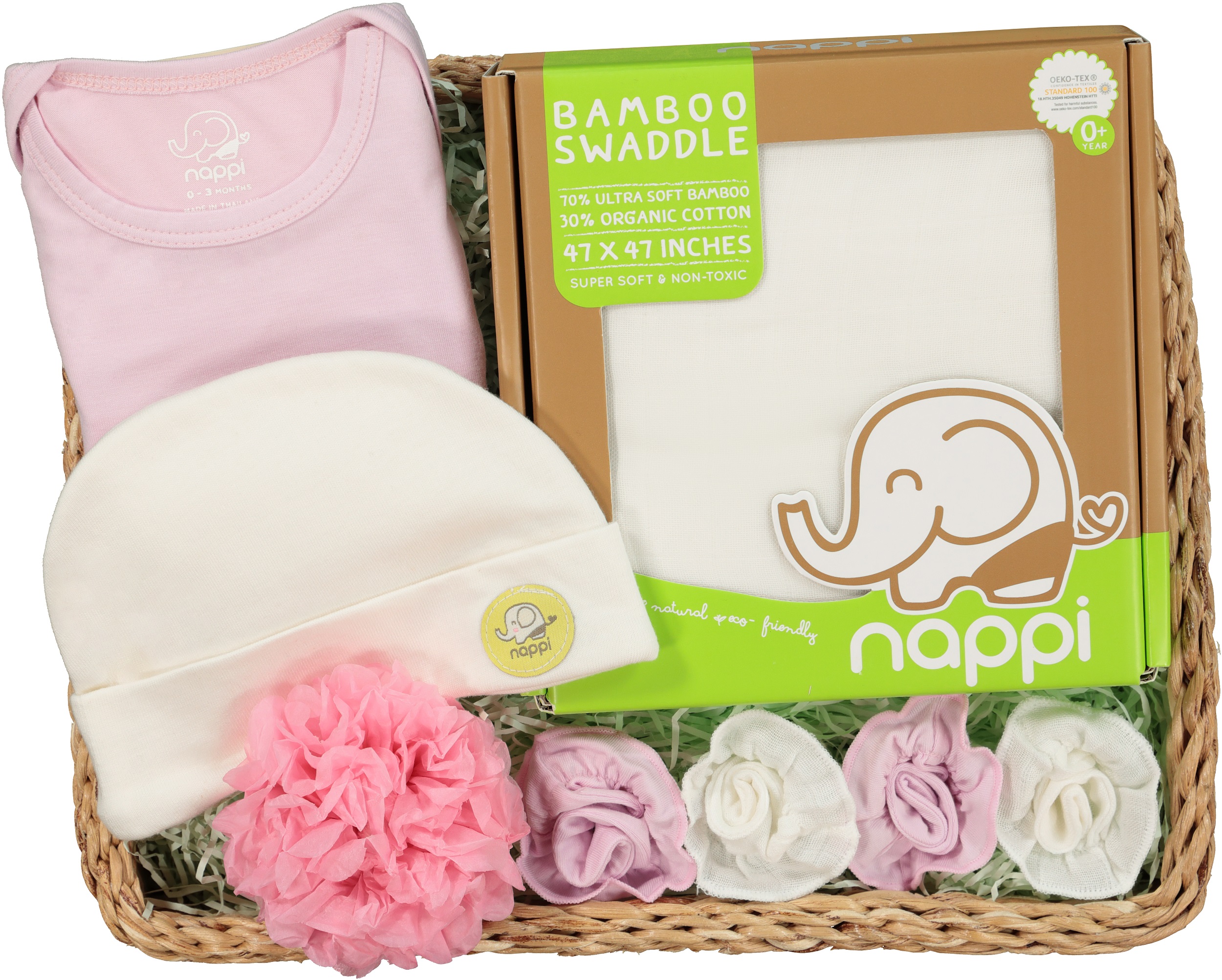 กระเช้าของขวัญเด็กแรกเกิด เด็กหญิง S ผ้าห่อตัวใยไผ่ ถุงมือใยไผ่ ถุงมือผ้ายืด Spandex หมวกเด็กแรกเกิดใยไผ่ ชุดบอดี้สูทเด็กแรกเกิดใยไผ่ ราคา 2,000 บาท*ส่งฟรี