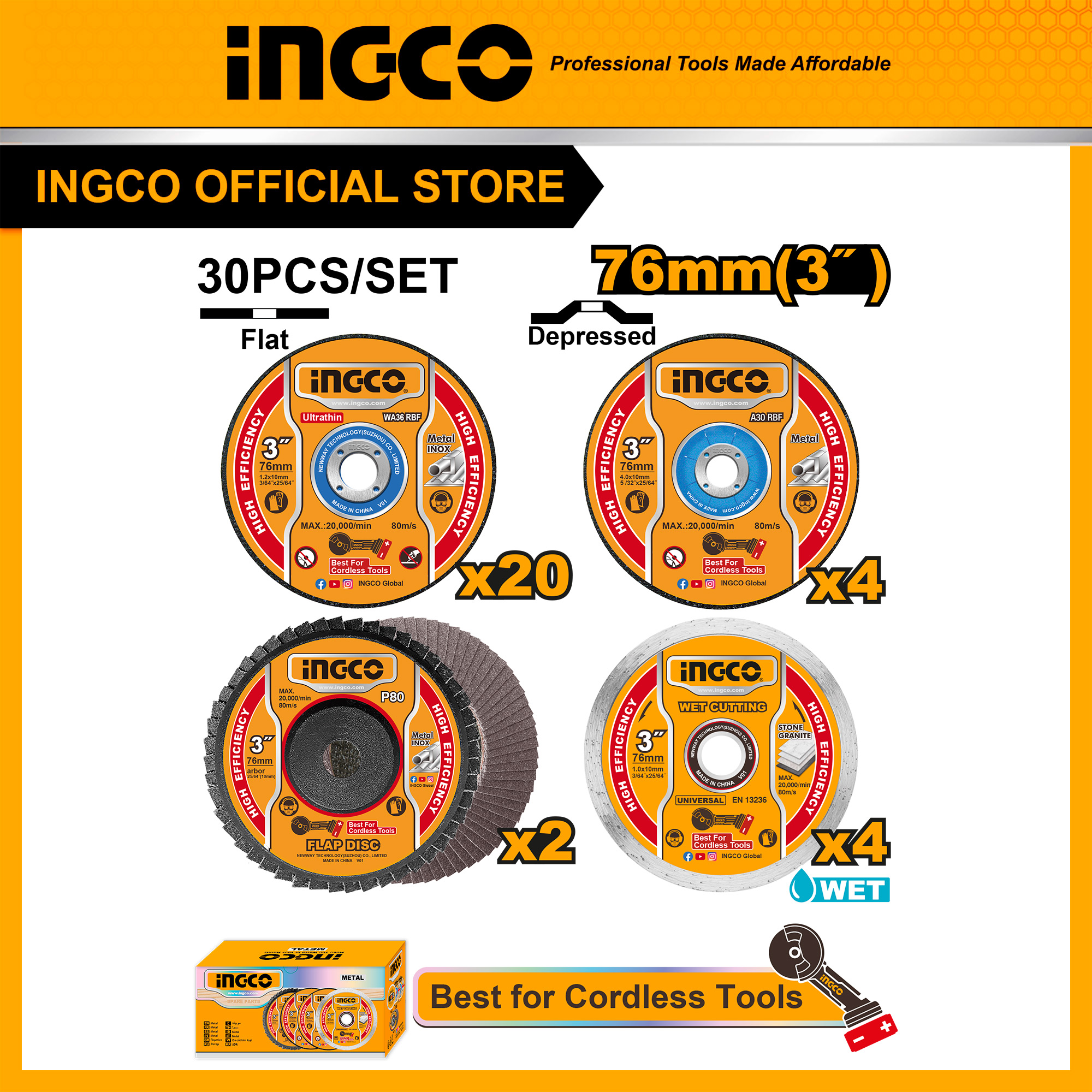 INGCO ชุดใบตัดและเจียร 76 มม. (3 ") 30 ชิ้น/เซ็ท MCD07630 ราคา 560 บาท*ส่งฟรี