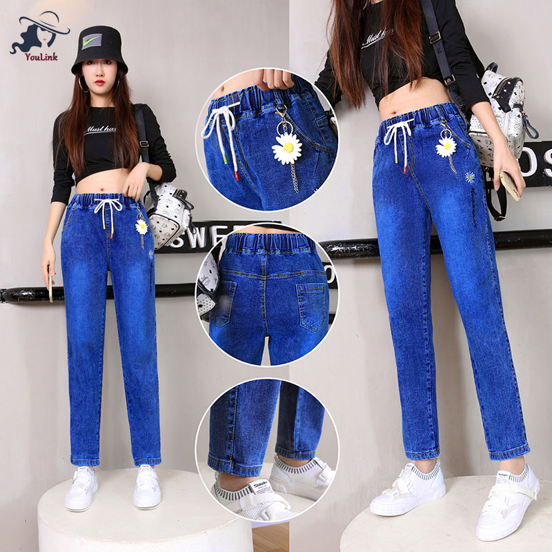 YouLink Jeans K9N20# กางเกงยีนส์ขายาวทรงหลวมของผู้หญิงฤดูใบไม้ร่วงเอวสูงกางเกงขายาวกางเกงขายาวสีน้ำเงิน