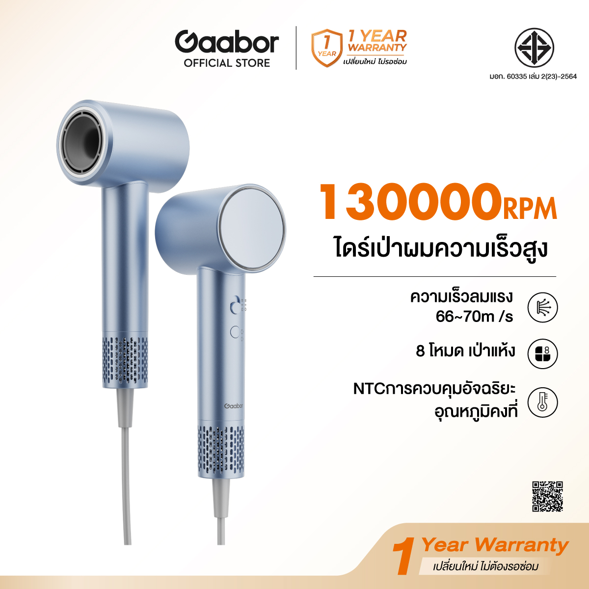 【New Arrival】Gaabor 650 Million Negative Ion Hair Dryer, High Speed, 1600W, Wind Speed 70 M/Sec, Digital Screen, Quiet, Fast Drying, Available in Blue, Black. ราคา 1,299 บาท*ส่งฟรี