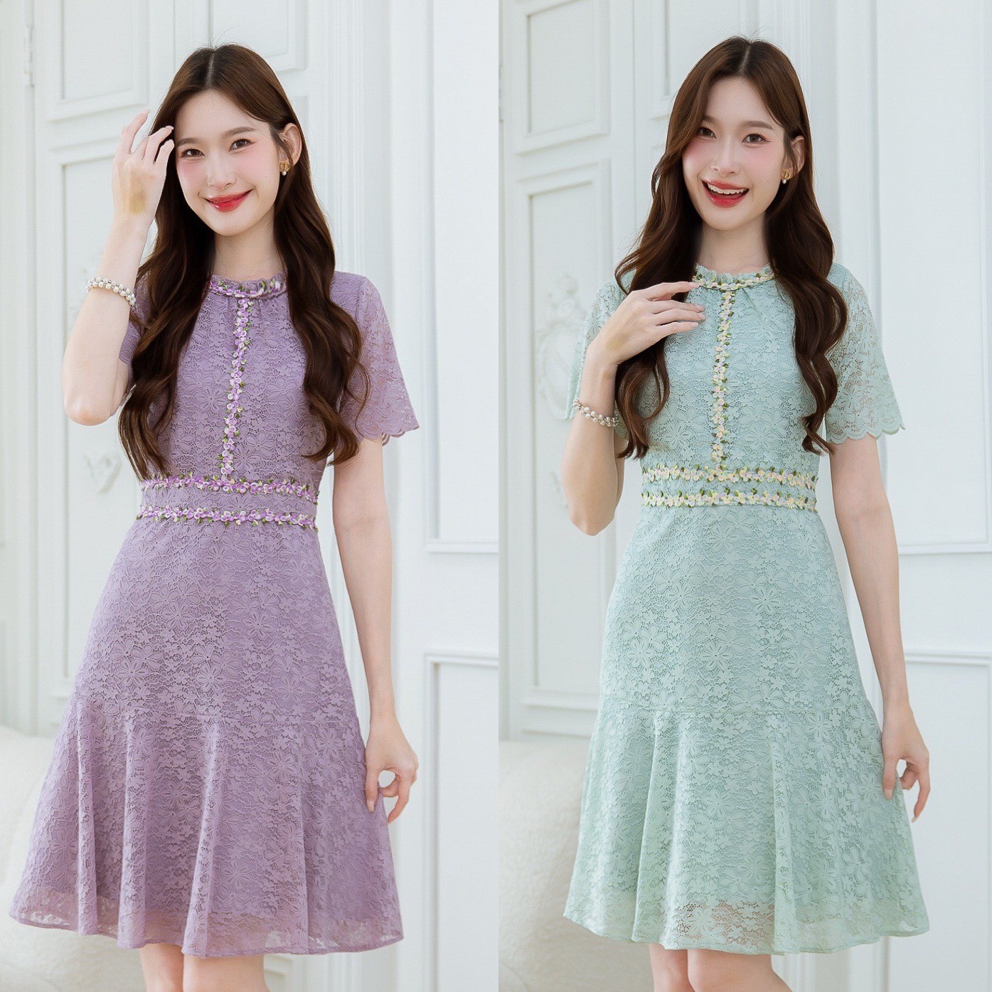 Lace Dress in Sweet Pastel Tones. Soft Lace Fabric, Comfortable to Wear, Beautiful Pattern, Has Detailed Lace Embroidery Tightly Wrapped Around the Waist, Neckline and Chest. Very Sweet and Perfect. the Bottom of the Skirt Is Beautifully Ruffled. the End ราคา 680 บาท*ส่งฟรี