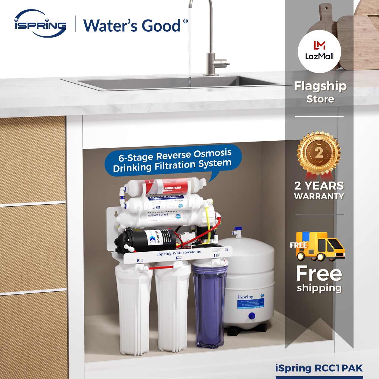 iSpring RCC1P-AK Alkaline Water Filter Drinking Water Filtration System 6-Stage 100GPD Reverse Osmosis System Under Sink and Pump TDS Reduction Balance the pH Promotes good health ราคา 4,269 บาท*ส่งฟรี