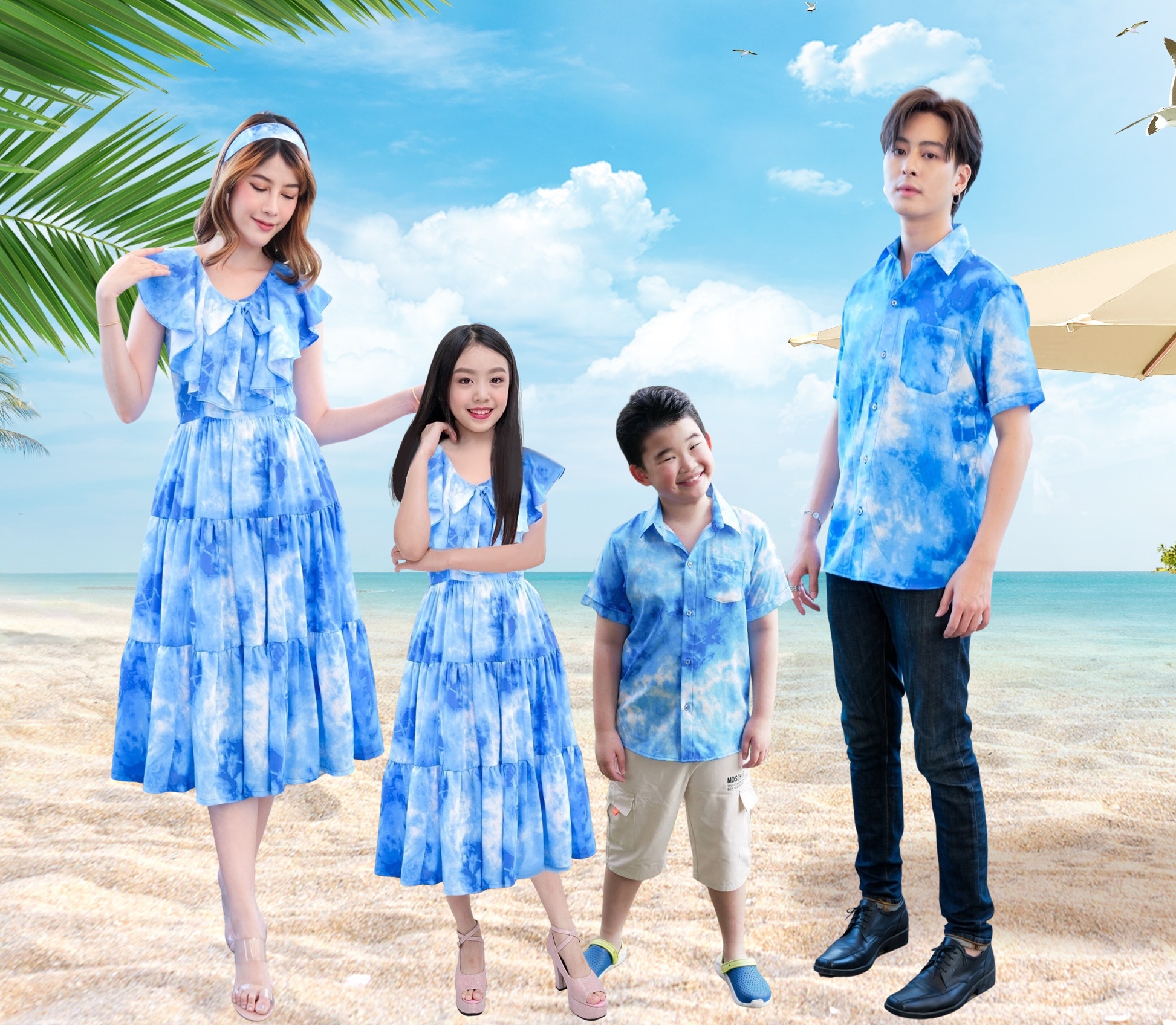ชุดครอบครัว ชุดคู่แม่ลูก เดรสยาว ชุดไปทะเล Vintage Sky ชุดคู่ เดรสสวย ชุดไปเที่ยว เดรสไปทะเล เดรสสีฟ้า เดรสคอวี ชุดแม่ลูก ราคา 450 บาท*ส่งฟรี