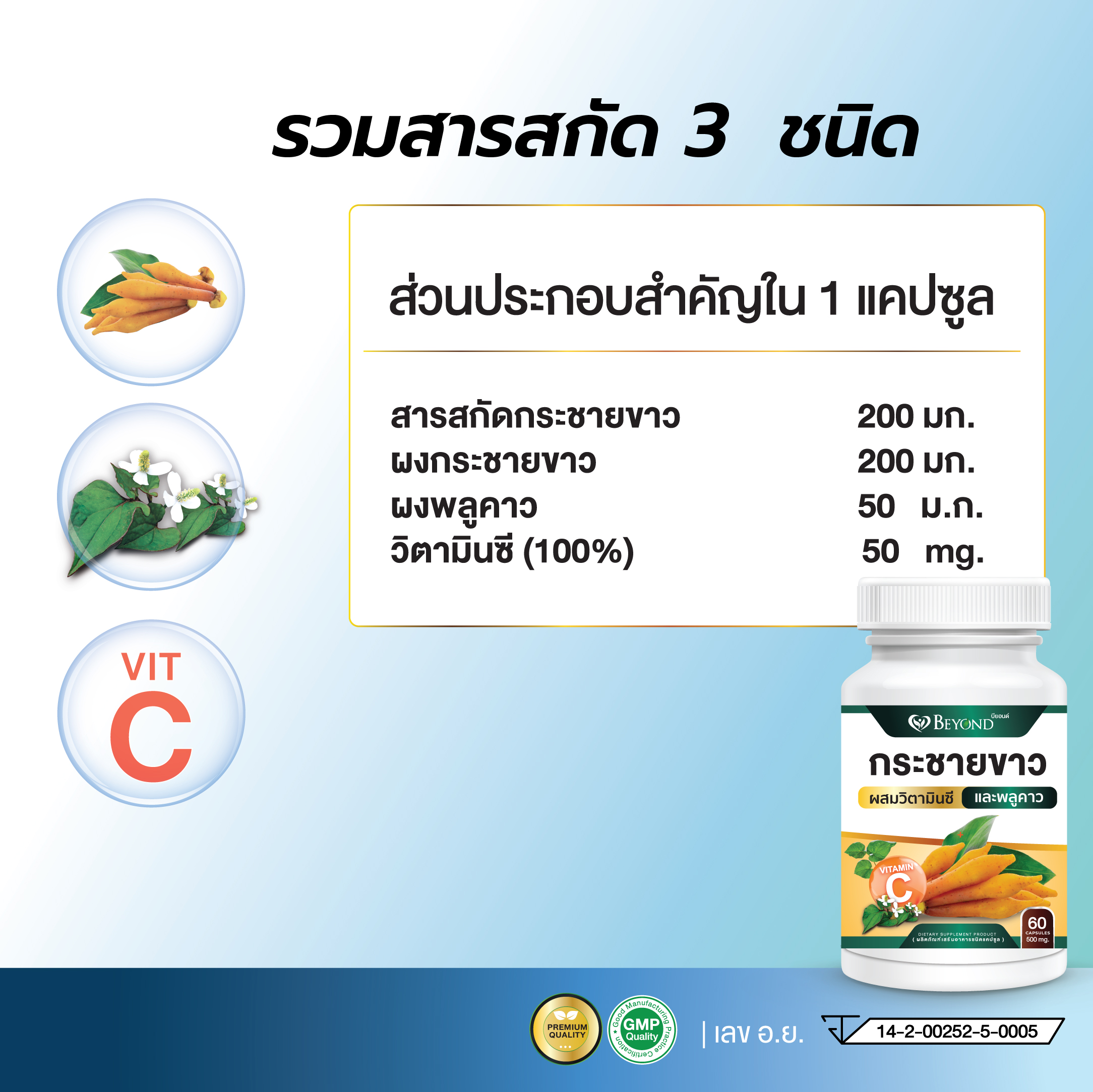 ข้อมูลเพิ่มเติมของ 🔥สุดคุ้ม 60 แคปซูล 🔥สารสกัดกระชายขาวชนิดเข้มข้น ผสมวิตามินซีและพลูคาว 60 แคปซูล สูตรเข้มข้น | ผลิตจากกระชายขาวธรรมชาติ 100%