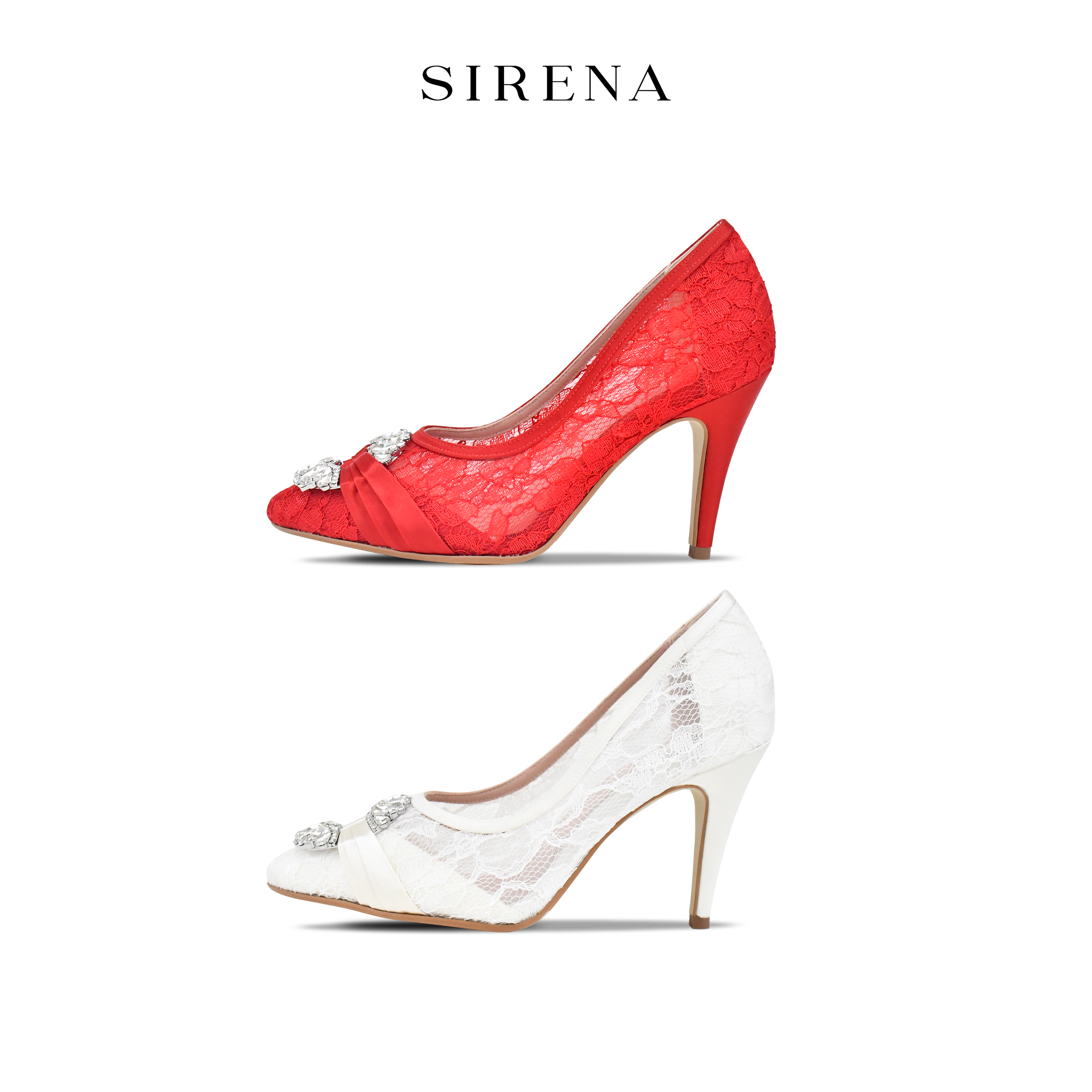 Sirena Bridal Shoes, Pointed Toe, 3.75 Inch Heel, Asteria Model, Red, Ivory Color. ราคา 4,290 บาท*ส่งฟรี