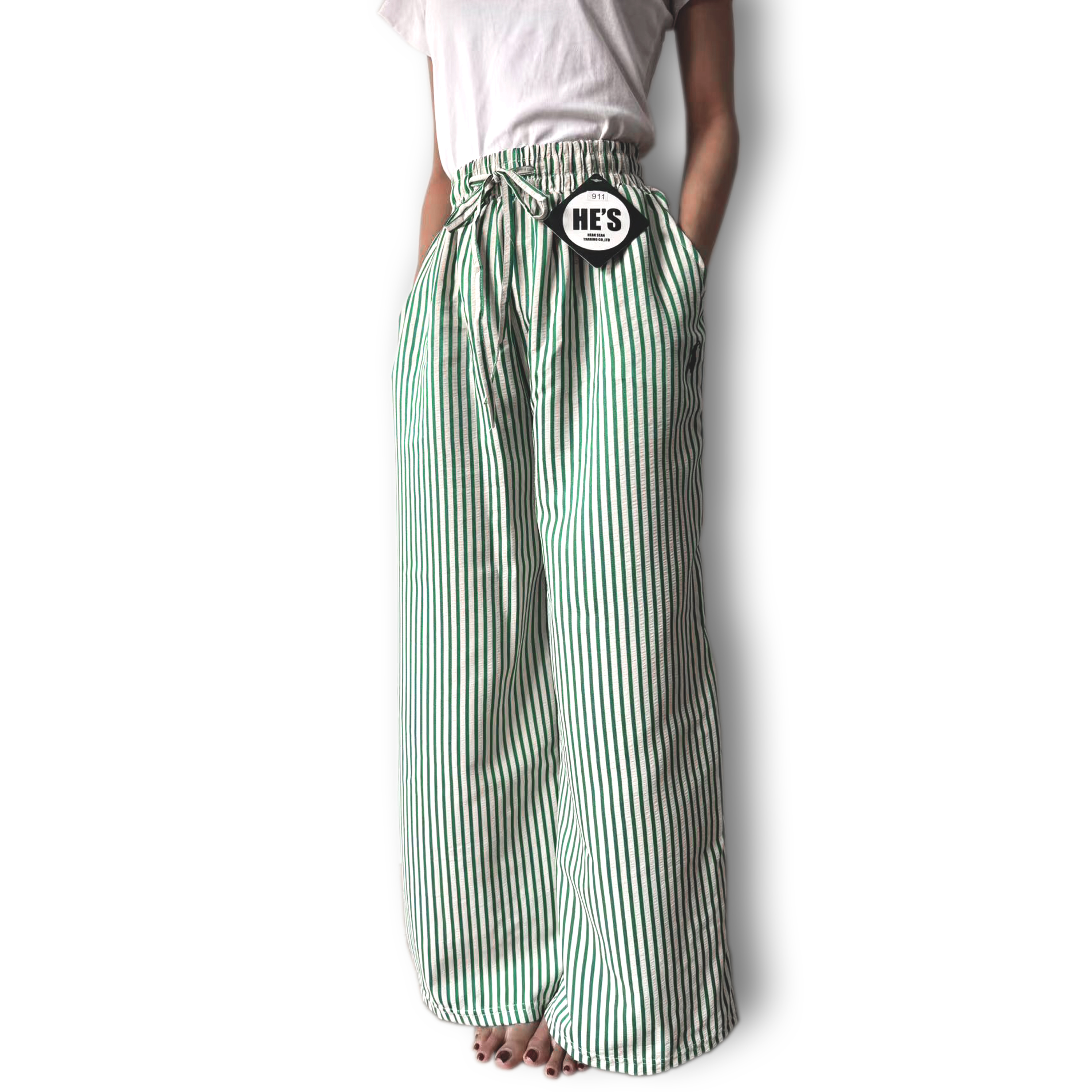 Cotton bubble, striped, straight wide leg pants, two pockets ราคา 120 บาท*ส่งฟรี