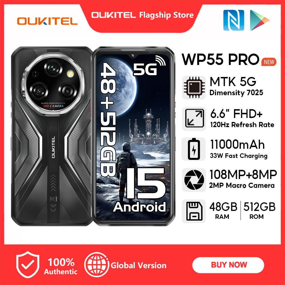 [LOCAL STOCK] OUKITEL WP55 PRO 5G Mobies 48GB+512GB 11000mAh 33W Fast Charging 15.3mm Ultra-Slim Design Handphone 6.6” FHD+ Display 120Hz Refresh Rate 108MP+2MP Android 15 OTG NFC Dual nano ราคา 8,962 บาท*ส่งฟรี