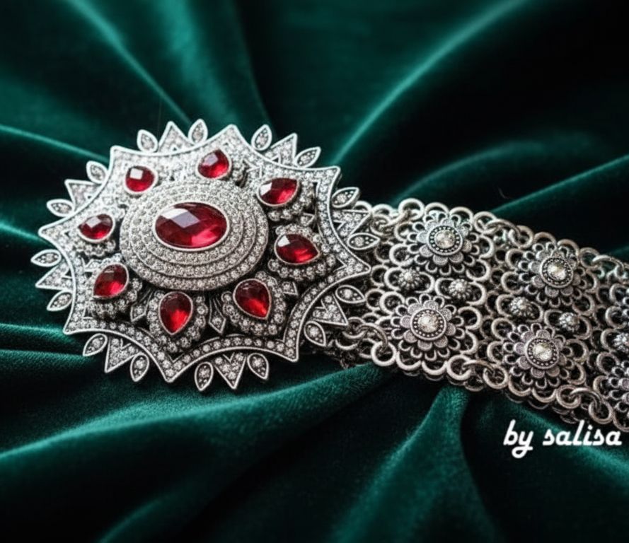By Salisa Thai Modernized Traditional Clothing Belt Silver-Plated, Smoked Metal Decorated with Rhinestones and Quality Grade Crystals, Beautiful and Elegant Work, Unique. ราคา 359 บาท*ส่งฟรี