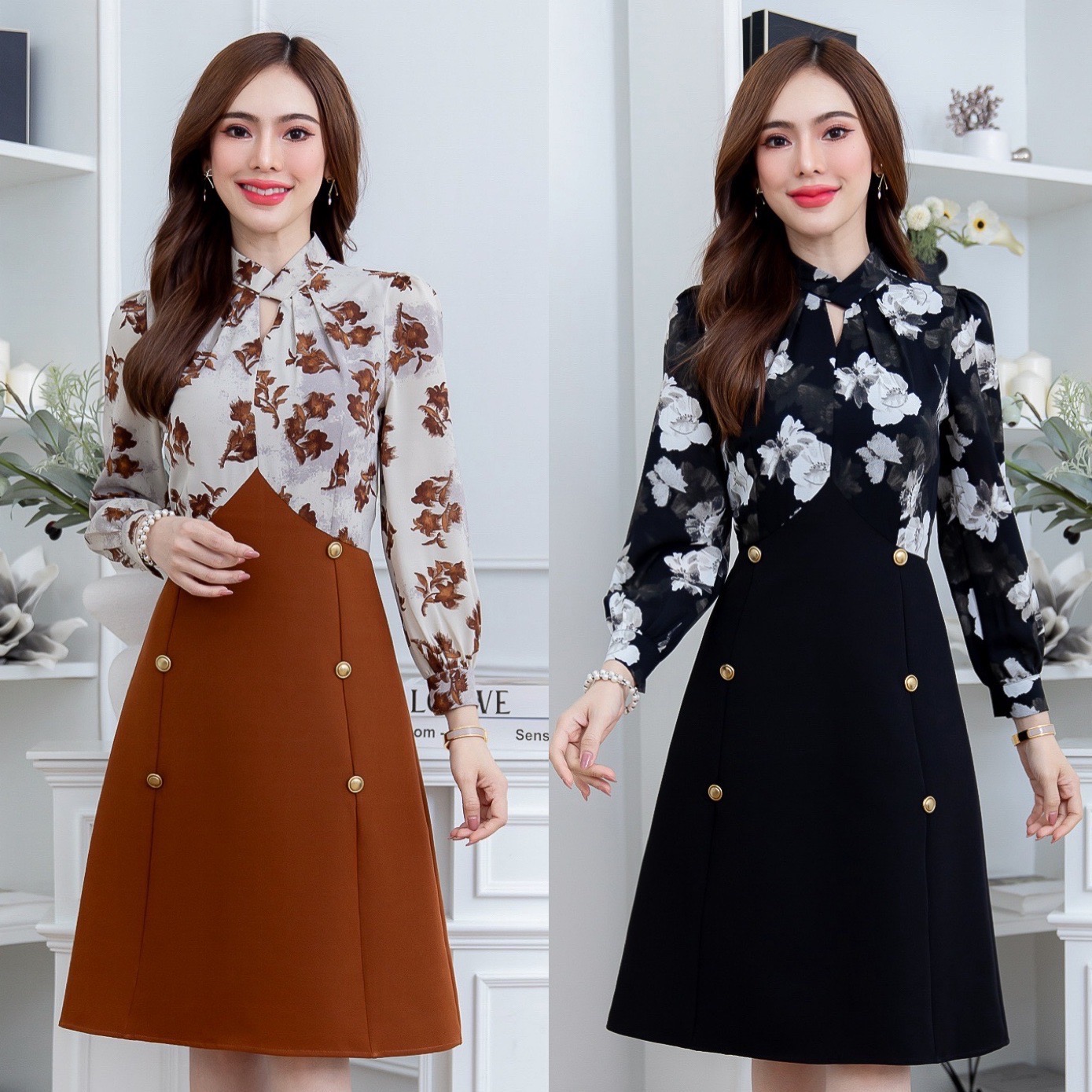 High Cross-Neck Dress, Long Sleeves, Elegant Shape, Good Pattern, Made from Floral Patterned Fabric Combined with Plain Fabric. a Must-Have in Your Wardrobe. Looks Great, Looks Expensive, Looks Perfect. Suitable for Girls Who Like to Pose. Looks Great Eve ราคา 710 บาท*ส่งฟรี