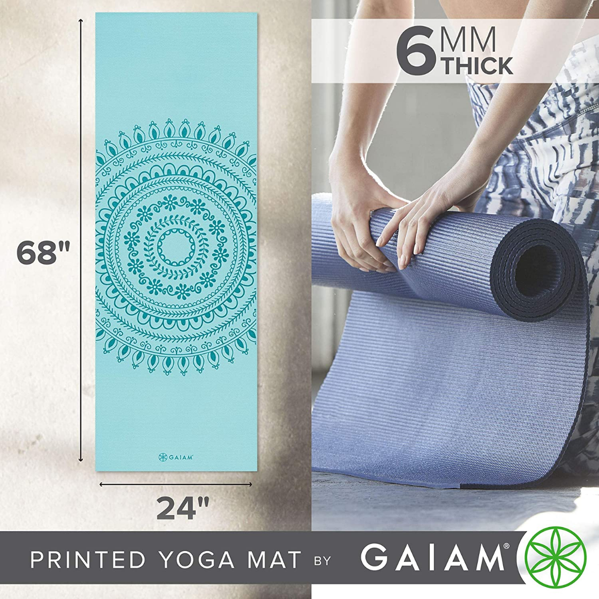 Gaiam Yoga Mat - Premium 6mm Print Extra Thick Non Slip Exercise & Fitness  Mat for All Types of Yoga, Pilates & Floor Workouts (68L x 24W x 6mm  Thick)
