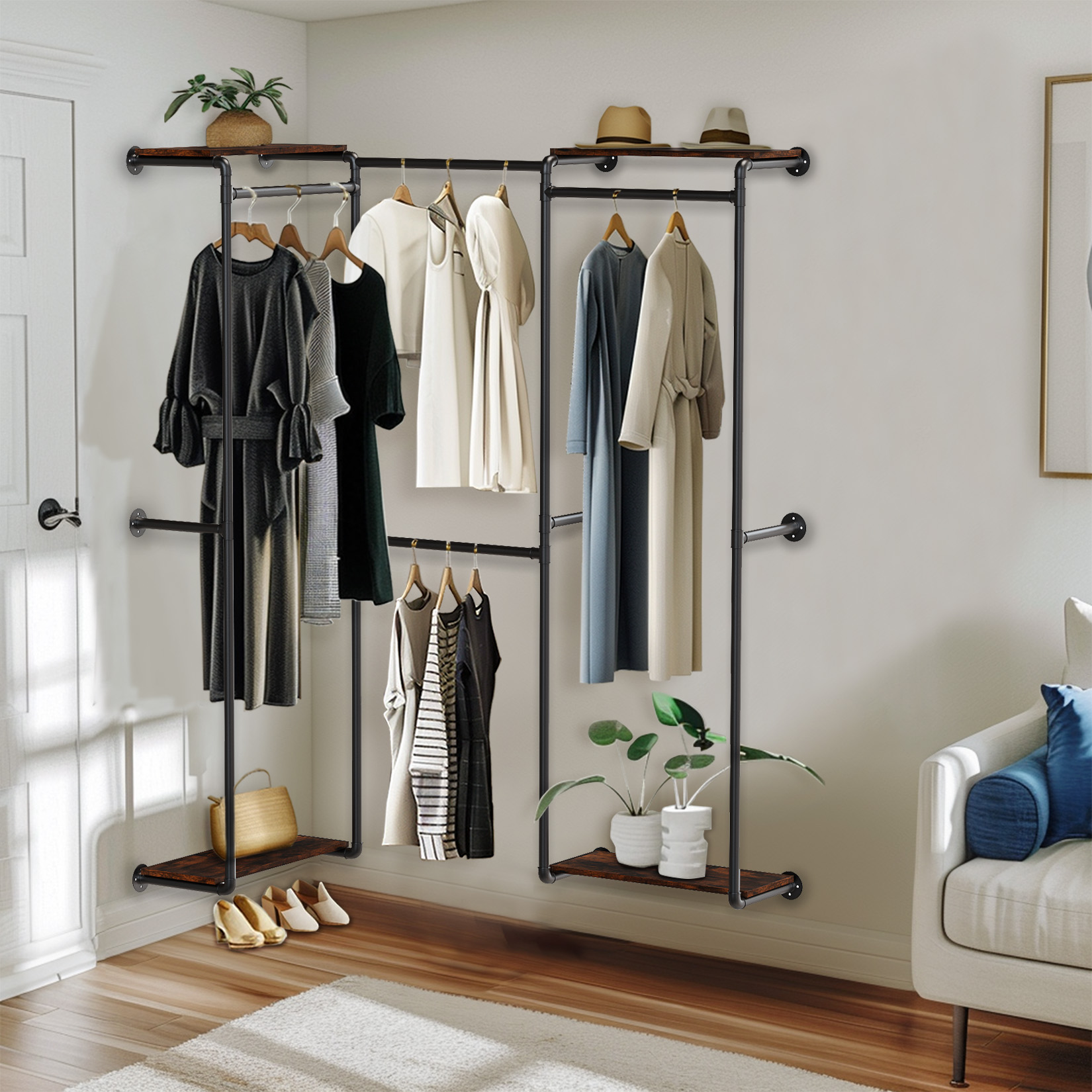 ราวแขวนผ้าติดผนัง ราวแขวนผ้าท่อเหล็ก ราวเหล็กแขวนผ้า 185x30x200cm Industrial Pipe Clothes Rack Wall-Mounted Clothing Rack with Shelves Corner Clothes Stand Walk-in Wardrobe for Hanging Clothes ราคา 2,431 บาท*ส่งฟรี